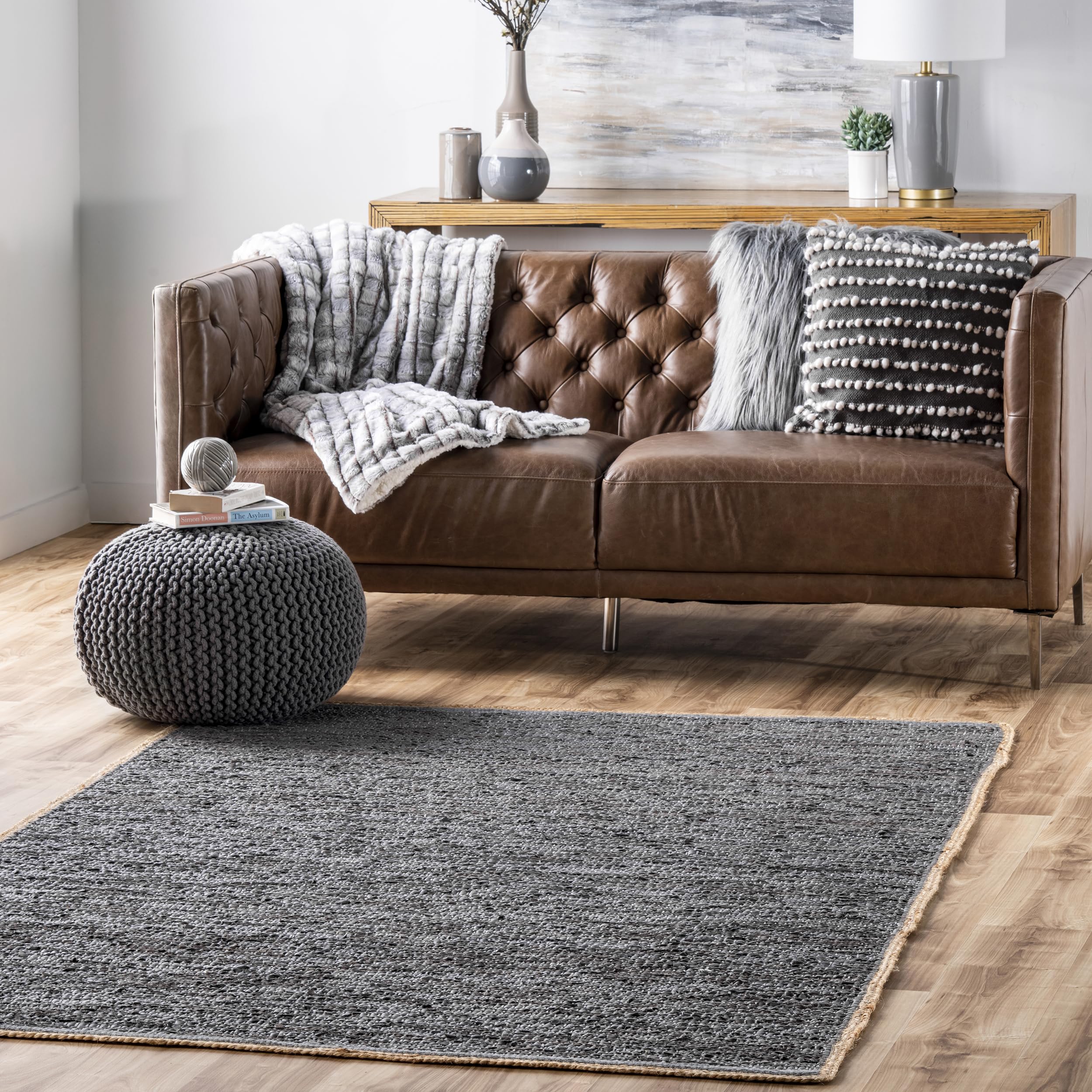 nuLOOM Sabby Hand Woven Leather Flatweave Area Rug 6x9 Feet - Soft Grey Bohemian Style Rug for Living Room, Bedroom & Home Decor