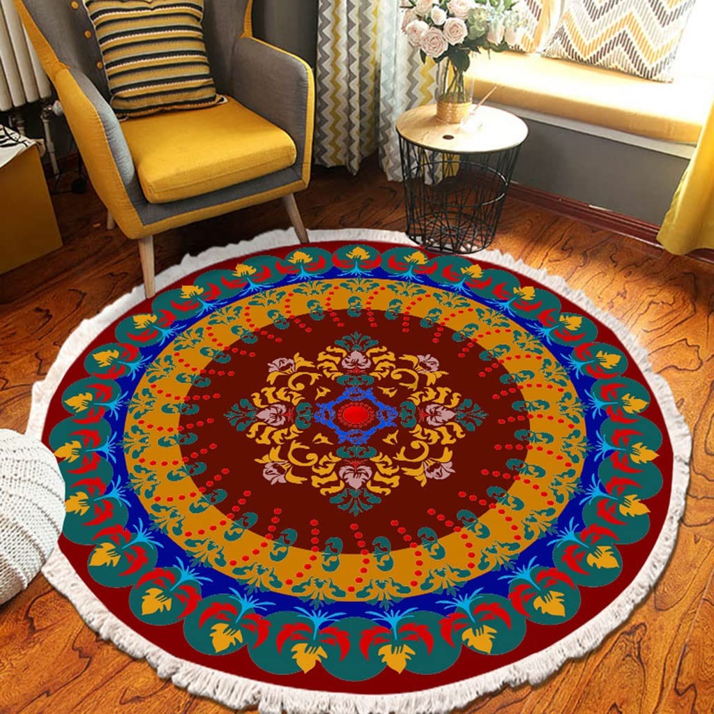 Boho Mandala Round Area Rugs with Fringe - Non-Slip Soft Velvet Floor Carpet for Bedroom, Living Room, Nursery Decor - 39.3 Inch Bohemian Home Accent Rug (Style3) - Perfect for Yoga Spaces, Meditation Rooms & Cozy Boho Chic Interiors