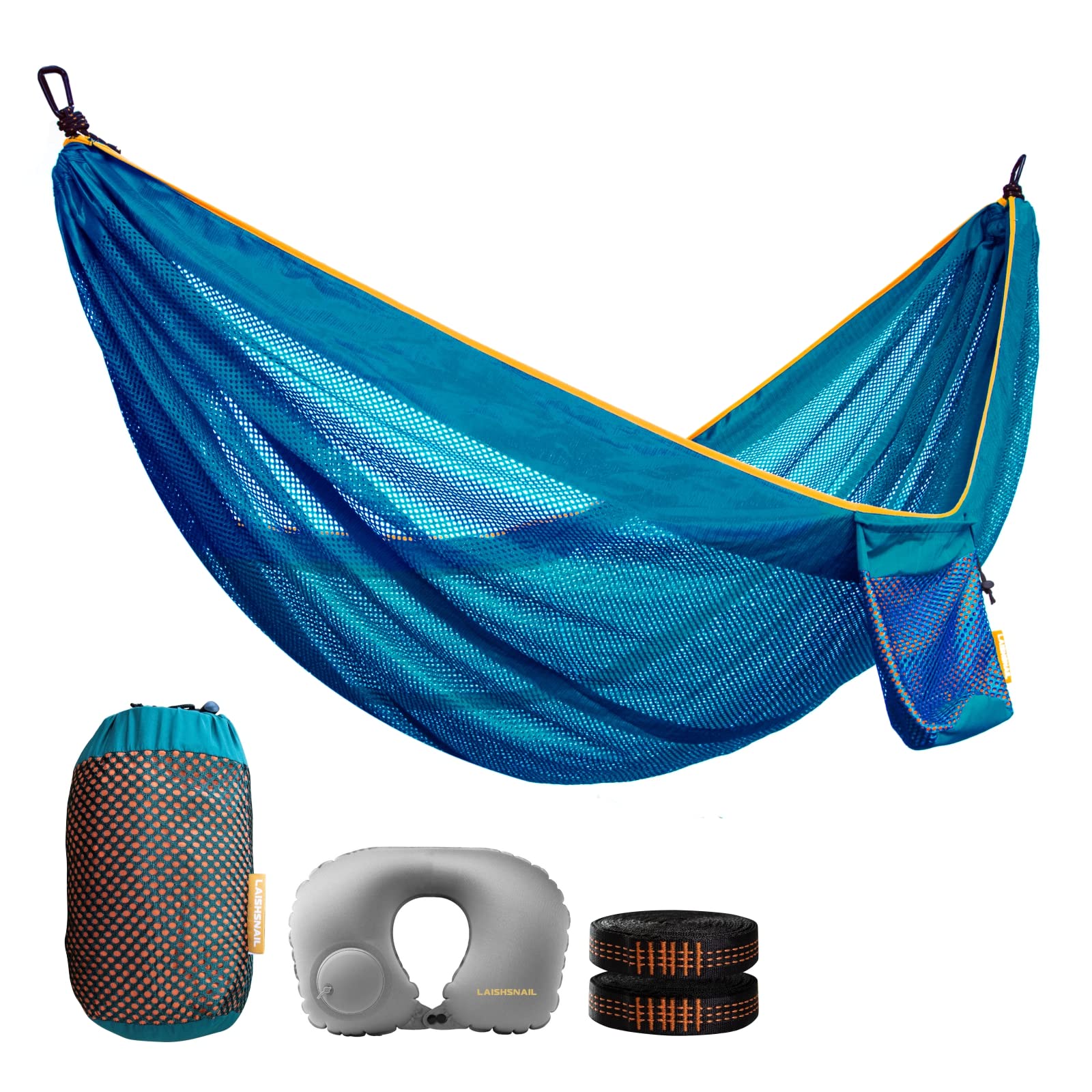 LAISHSNAIL Portable Camping Hammock with Neck Pillow - Double Hammock with 2 Tree Straps & 500 lbs Capacity - Lightweight Mesh Ice-Silk Polyester for Outdoor Camping, Backpacking, Hiking, Beach, Garden & Indoor Patio Use (Blue)