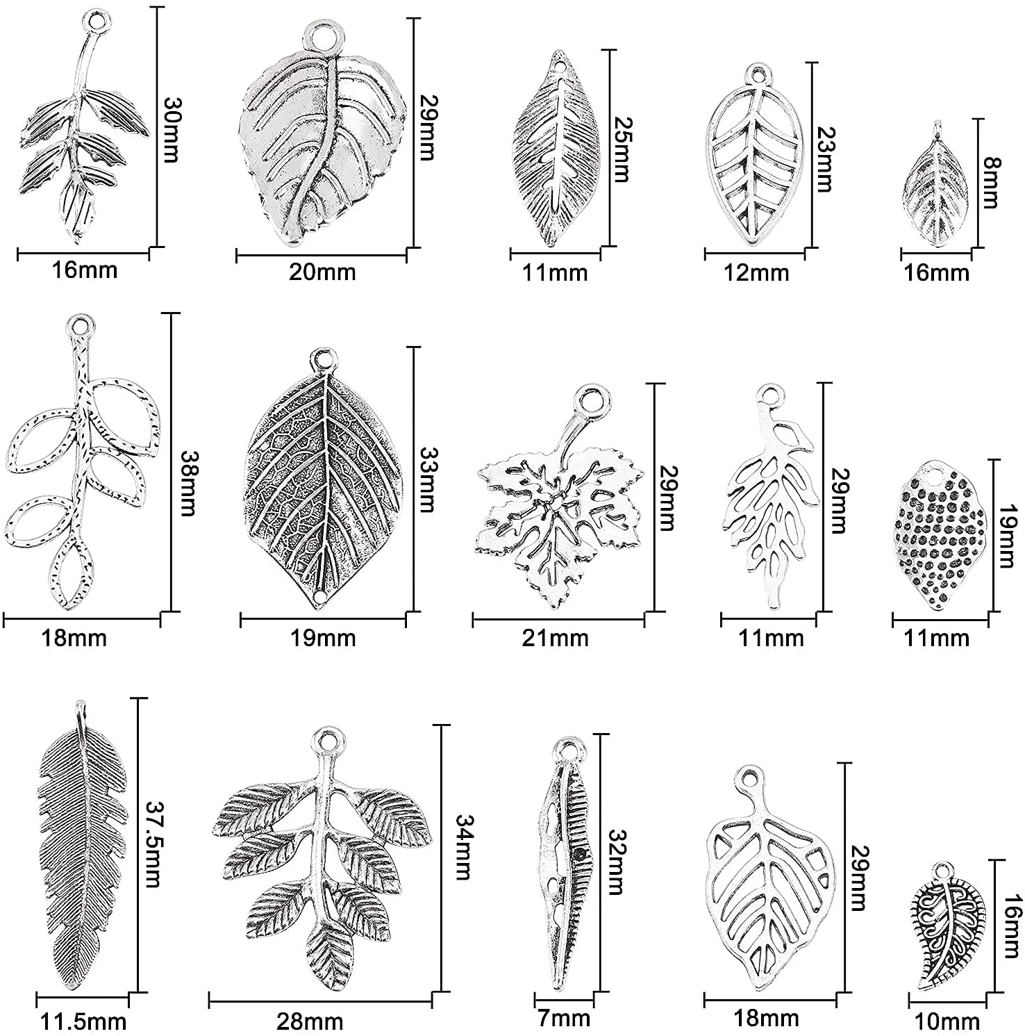 150pcs Antique Silver Tibetan Alloy Leaf Charms - 15 Styles Filigree Metal Pendants for Jewelry Making, DIY Bracelets & Necklaces | Perfect for Spring & Fall Fashion Accessories, Boho Jewelry Crafting, Nature-Inspired Designs