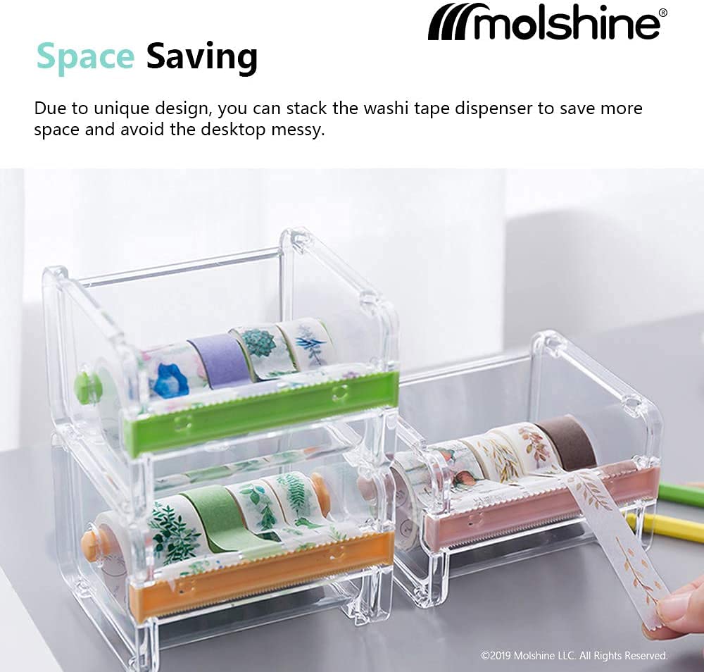 molshine Clear Desktop Washi Tape Dispenser with Built-in Cutter - Organize Masking Tape Rolls for Scrapbooking, Crafting & Office Use (Green)