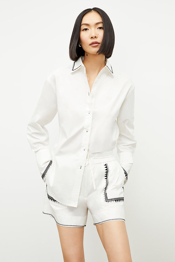 Adina Women's Short Sleeve Poplin Shirt with Embroidery Details - White | Casual Summer Top for Office & Outdoor Activities