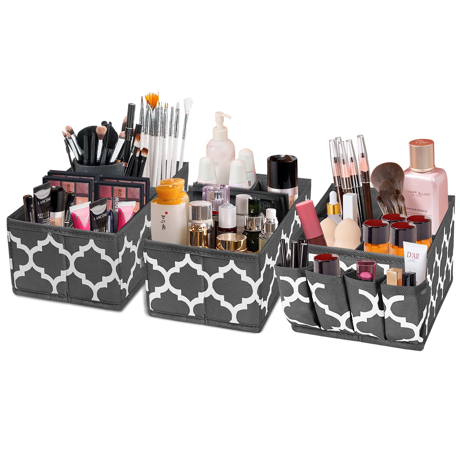 Homyfort Makeup Basket Organizer - 3-Piece Set of Foldable Fabric Cosmetic Storage Bins with Dividers | Portable Vanity, Bathroom Counter & Office Organization | Grey
