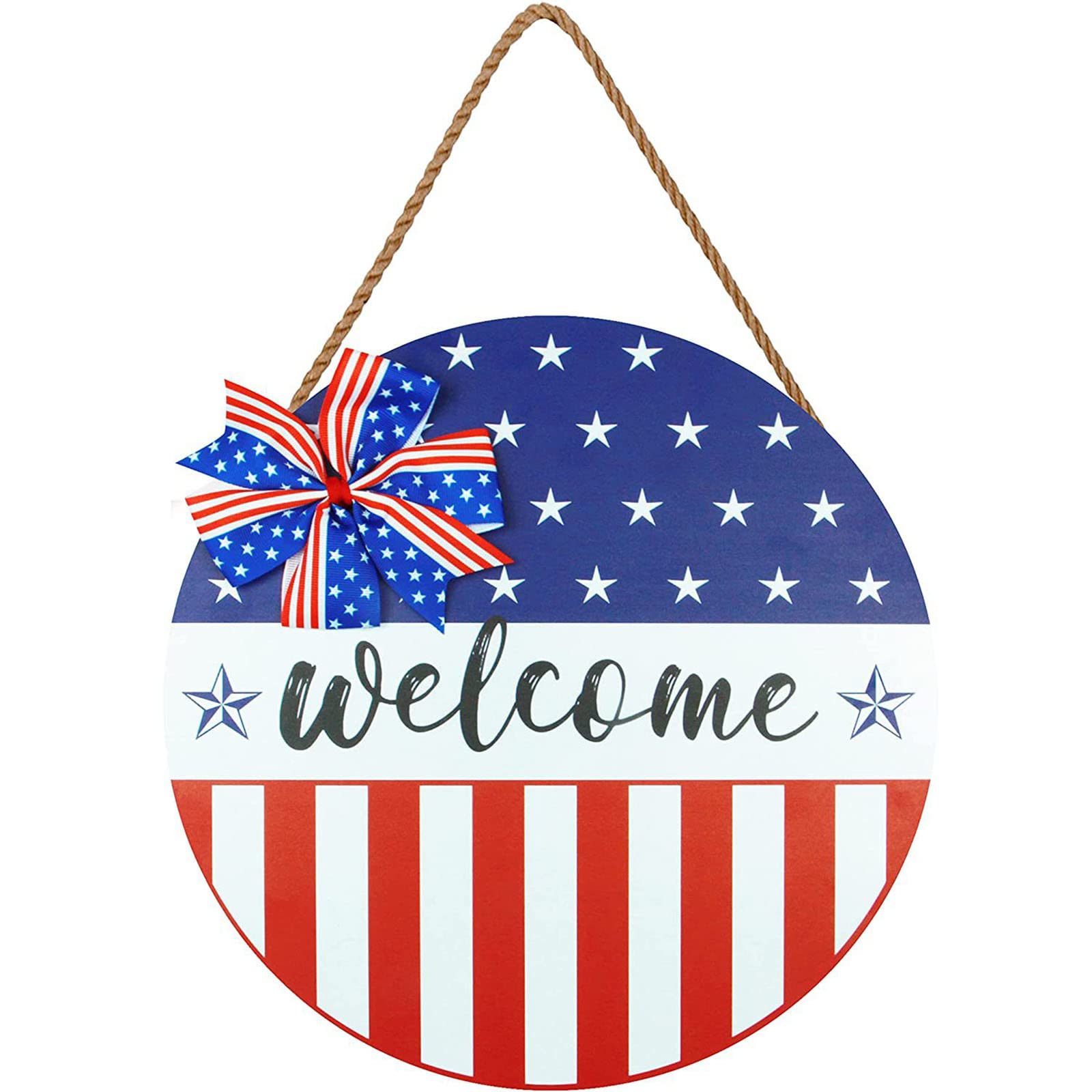 Patriotic Wooden Welcome Sign - Round Hanging Decor for Independence Day, Home & Garden - Perfect for Front Door, Porch, Wall Decor, and Outdoor Party Decorations