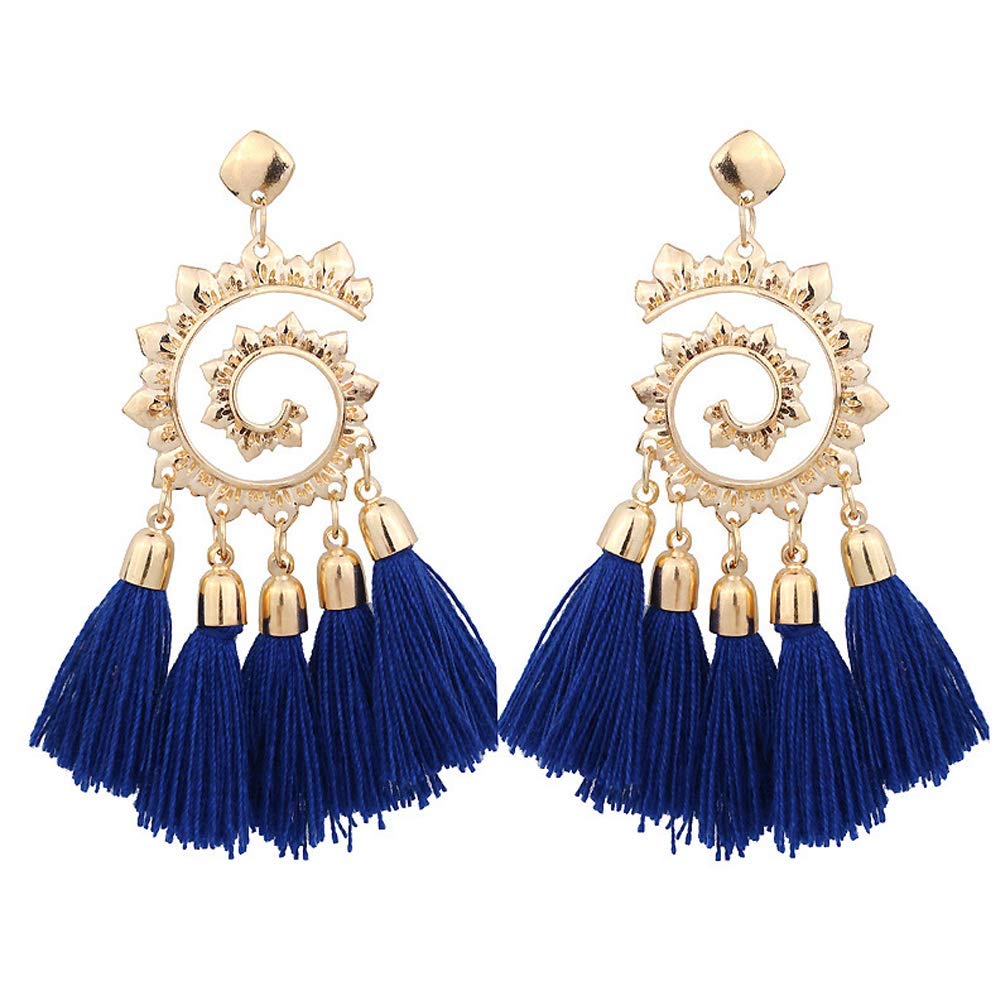 Bohemian Spiral Tassel Drop Earrings for Women - Blue Dangle Pendant Thread Jewelry Gift | Handmade Adorable Quality, Perfect for Festivals, Parties & Boho Fashion