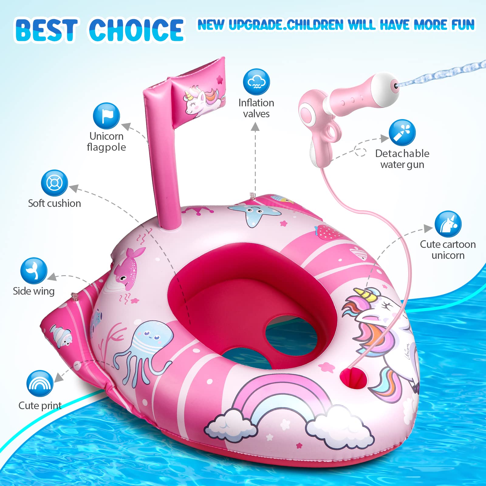 HopeRock Unicorn Pool Floats with Water Gun - Inflatable Swimming Pool Toys for Toddlers & Kids Ages 3-8 - Fun Summer Water Play for Girls, Beach Parties & Backyard Pools
