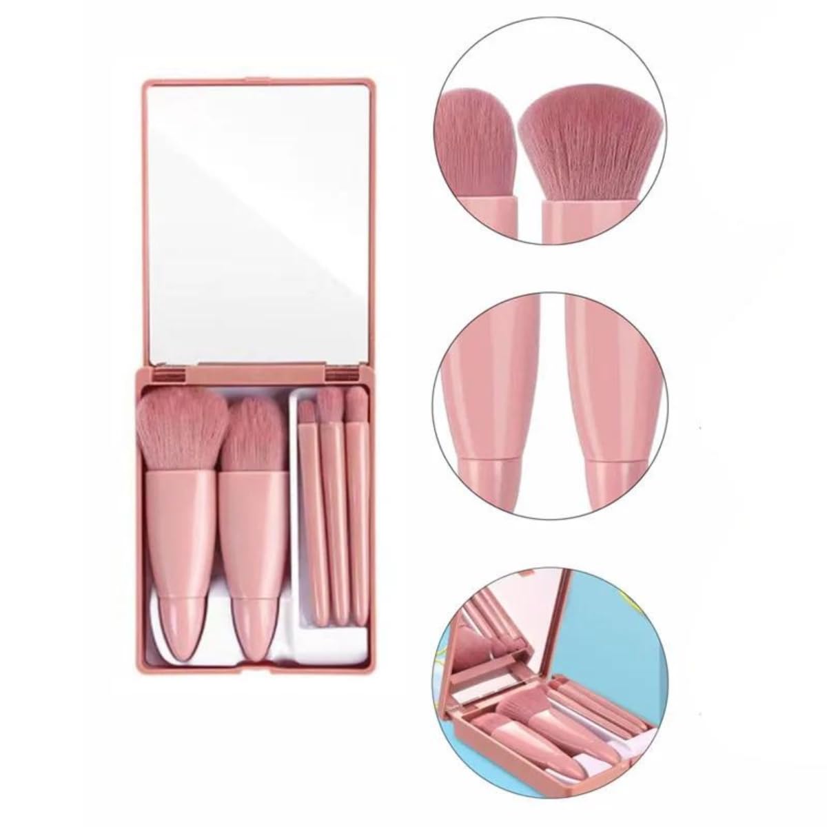 Cavernshop Professional 5-in-1 Mini Makeup Brush Set with Mirror - Face, Eyeshadow, Powder & Blush Cosmetic Kit | Travel-Friendly Makeup Brushes for Women & Girls | Perfect for On-the-Go Touchups & Professional Makeup Application