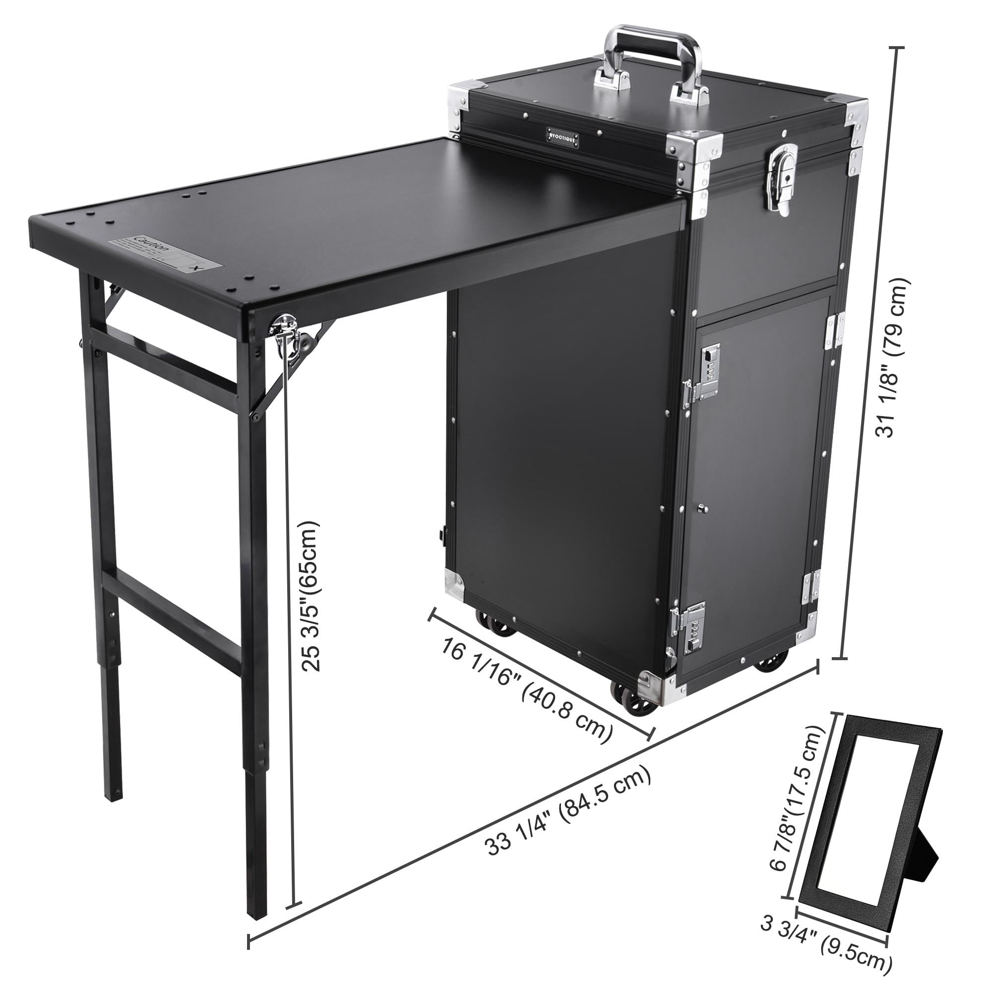 BYOOTIQUE Professional Rolling Manicure Table - Foldable Nail Salon Table with 4 Drawers, Mirror & Cosmetic Trolley - Portable Makeup Train Case for Beauty Technicians - Ideal for Salon Workstations, Home Use & Travel Storage Organizer (Black)