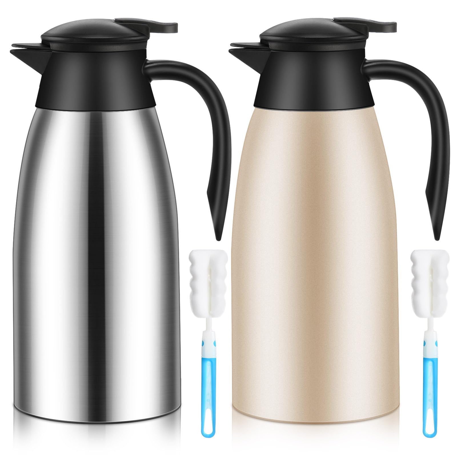 Uiifan 2 Pack 68oz Stainless Steel Thermal Coffee Carafe - Double Wall Vacuum Insulated Hot Beverage Dispenser for Coffee, Tea, Milk & Creamer - Includes Cleaning Brush (Silver & Champagne) - Perfect for Home, Office, Restaurants & Catering Events
