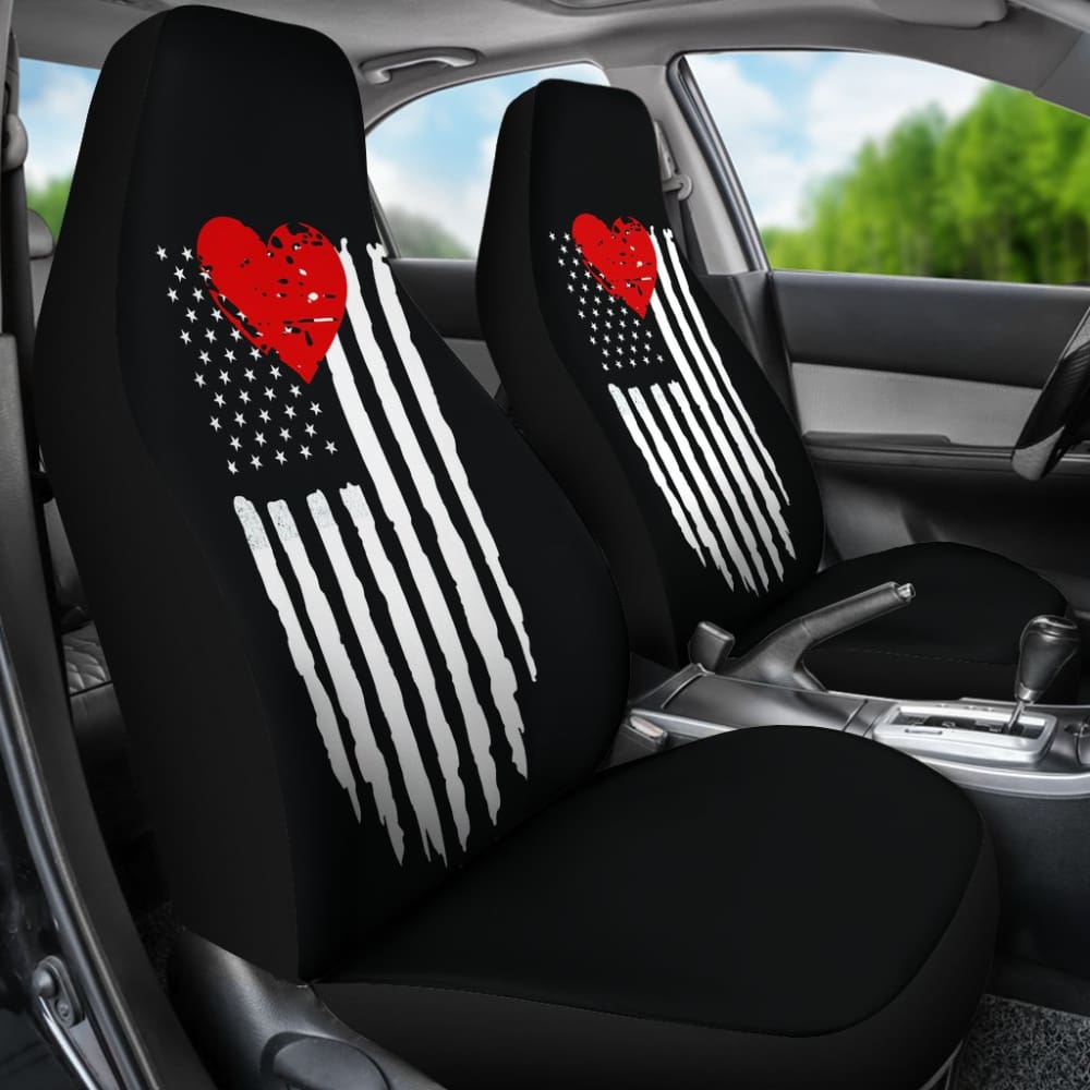 Distressed American Flag with Red Heart Car Seat Covers - Black Universal Fit for Trucks & SUVs - Durable & Stylish Protection for Road Trips & Daily Commutes