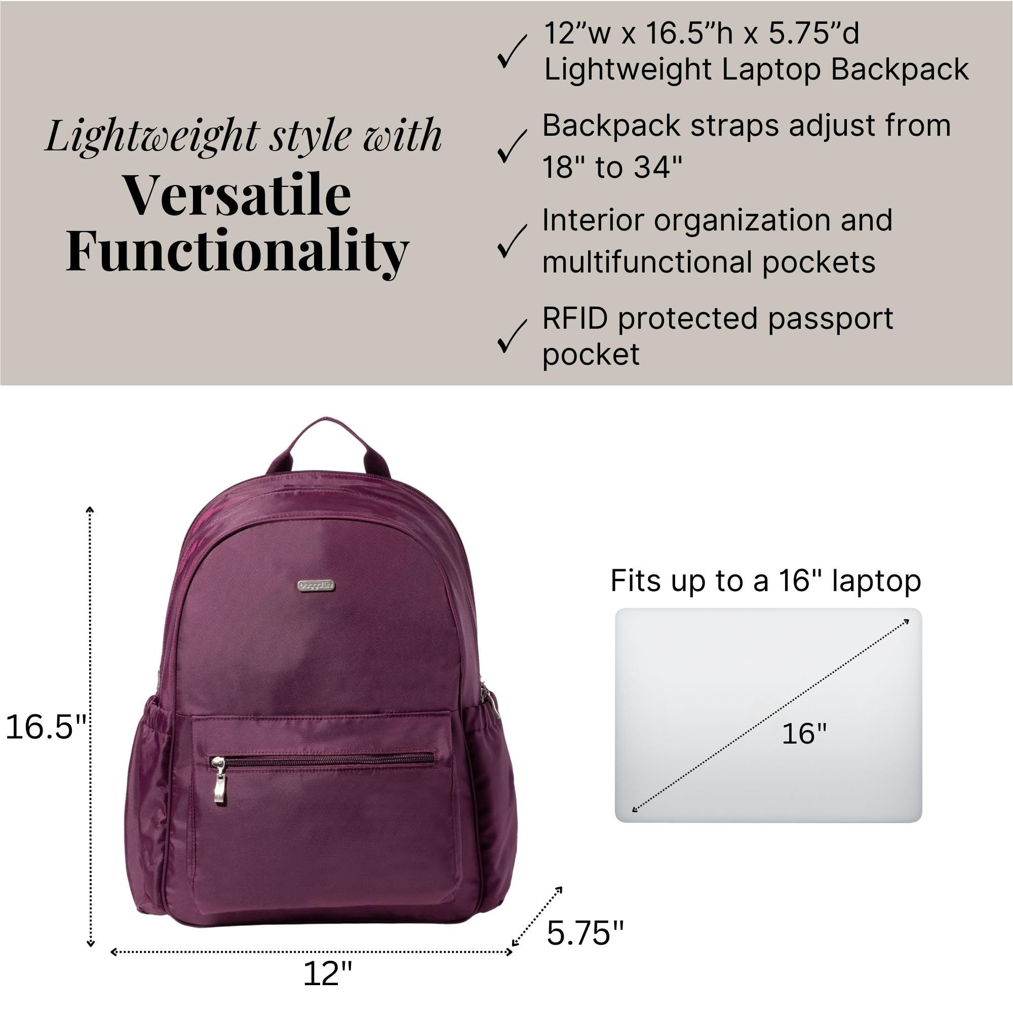 Baggallini Essential 16x12 Inch Laptop Backpack with 16