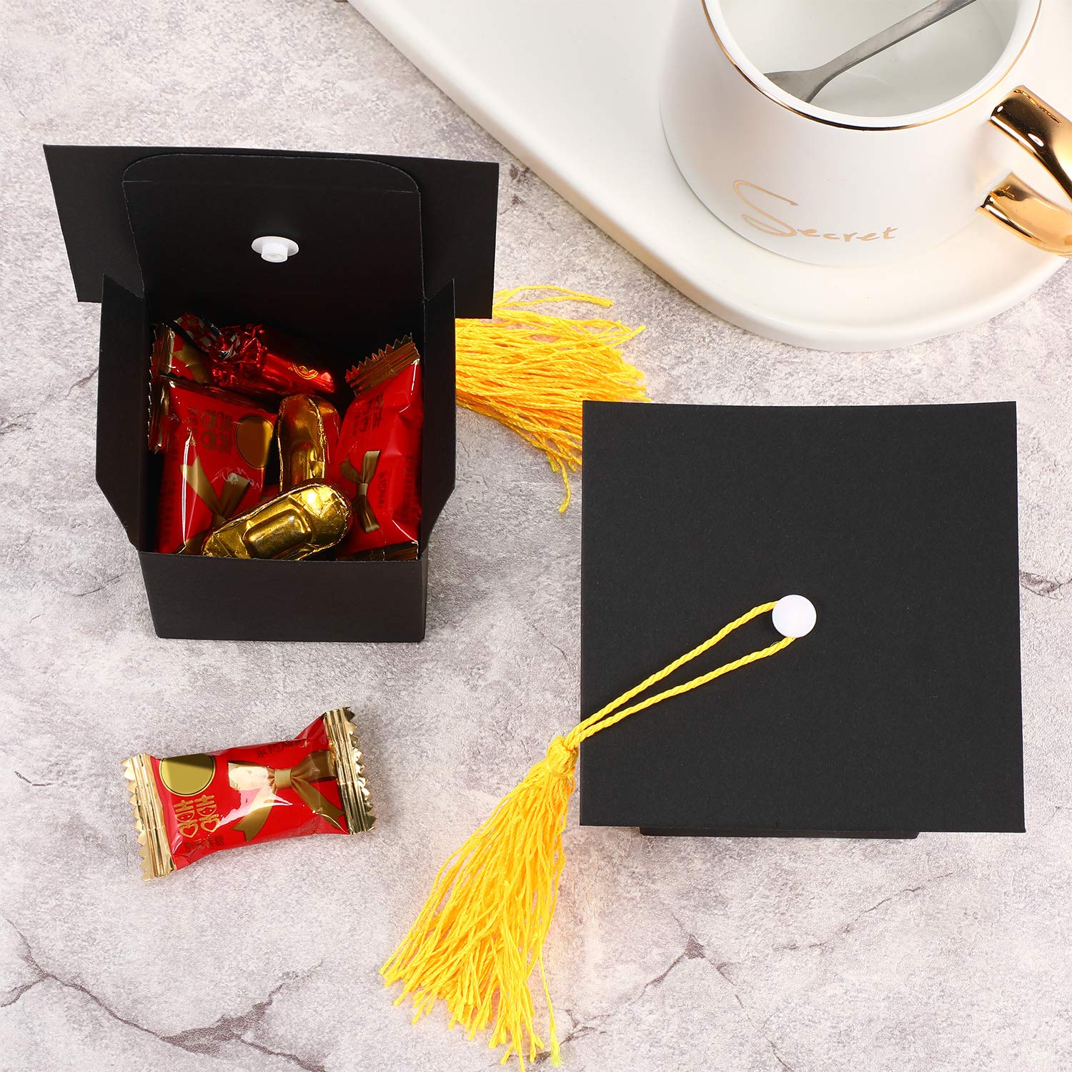 Bememo 100-Piece Graduation Candy Gift Boxes - Class of 2025 Graduation Party Favors with Tassel - Yellow Graduation Cap Centerpieces for Ceremony Decorations | Perfect for Graduation Parties, School Events & Celebration Decor