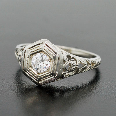 Exquisite Art Deco 18K White Gold Diamond Engagement Ring - 0.31ct Round Brilliant Cut Solitaire | Perfect for Proposals, Anniversaries & Special Occasions