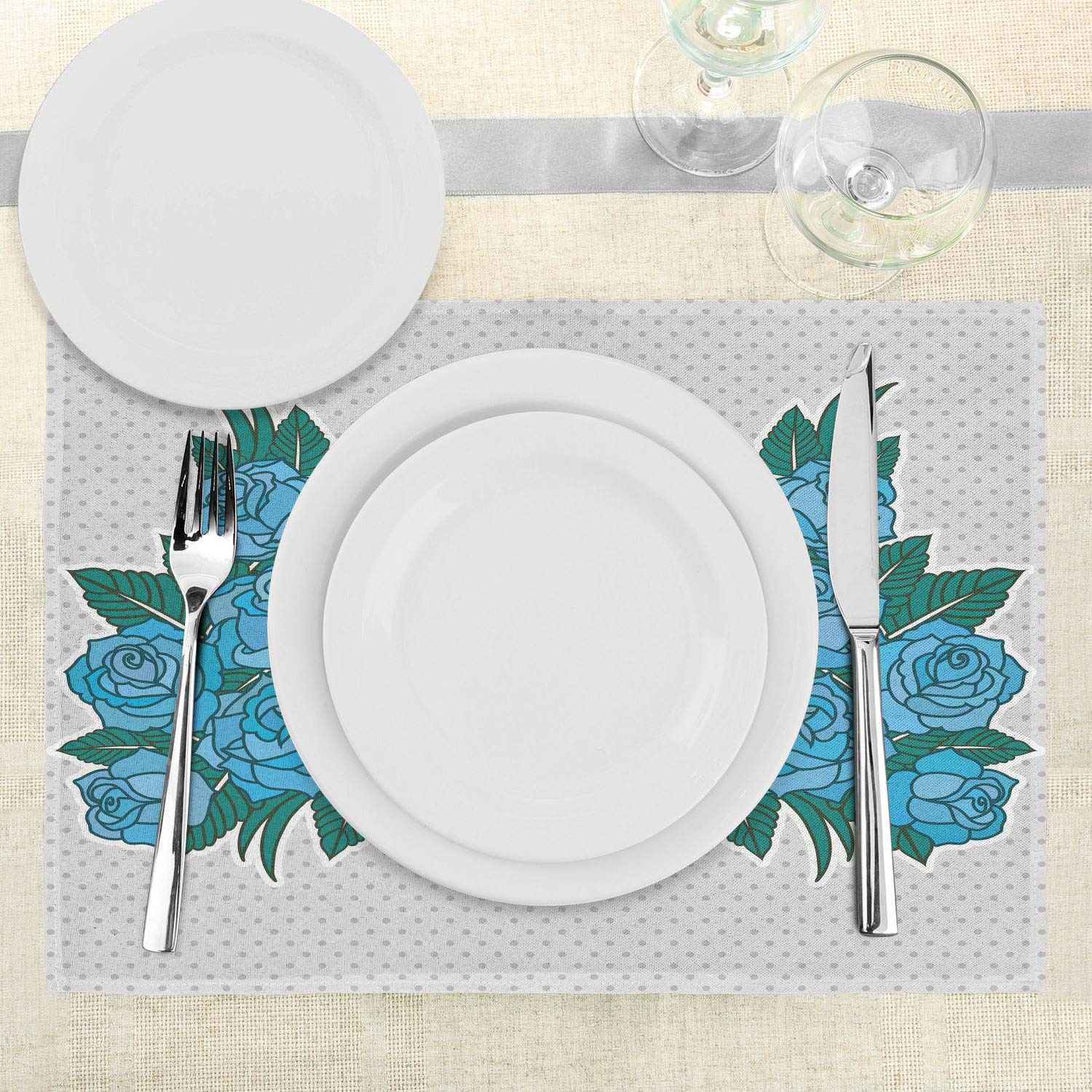 Ambesonne Skull Placemats Set of 4 - Gothic Skeleton Head with Oriental Paisley & Rose Leaf Design - Washable Fabric Table Mats for Dining Room & Kitchen Decor in Teal, Fern Green & White - Perfect for Halloween Parties, Gothic Home Decor & Themed Dinners