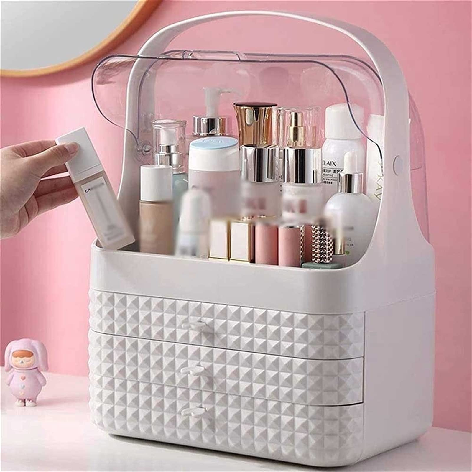 Portable Makeup Organizer with Dust-Free Cover & Waterproof Lid - High Capacity Cosmetic Storage Box with Handle, Dust-Proof Drawers - Perfect for Bathroom Countertop, Bedroom Dresser & Travel Use