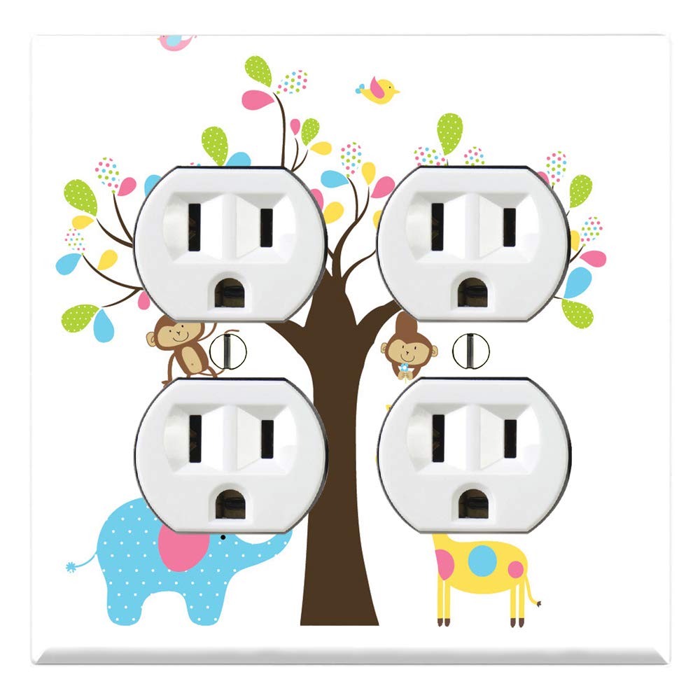 Monkey Giraffe Elephant Owl Tree Graphics Wall Plates - Decorative Quadplex Outlet Cover for Kids Room, Nursery & Playroom Decor