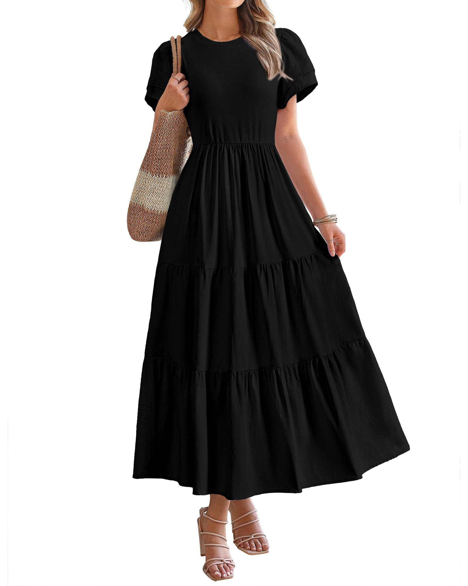 BTFBM Women's Casual Summer Dresses 2025 - Spring Crewneck Short Sleeve Tiered Flowy Boho Maxi Dress with Pockets for Beach Vacation, Travel & Outdoor Activities