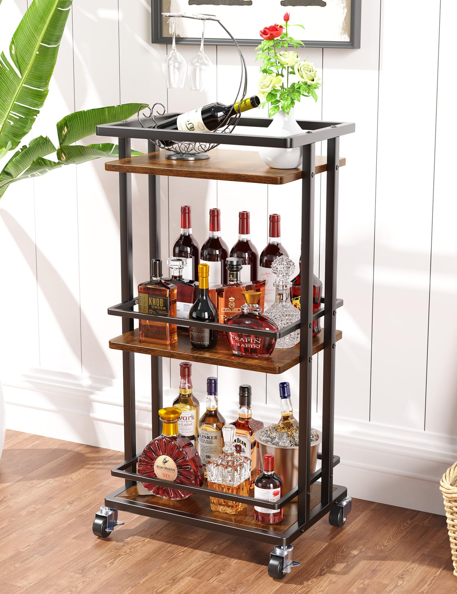 3-Tier Rolling Bar Cart with Wheels - Portable Mini Liquor Cabinet for Wine, Beverage & Coffee Storage - Kitchen Island Serving Cart for Dining Room, Living Room & Party Use - Espresso Brown Home Bar Furniture (Perfect for Entertaining, Small Space Storage & Mobile Drink Service)