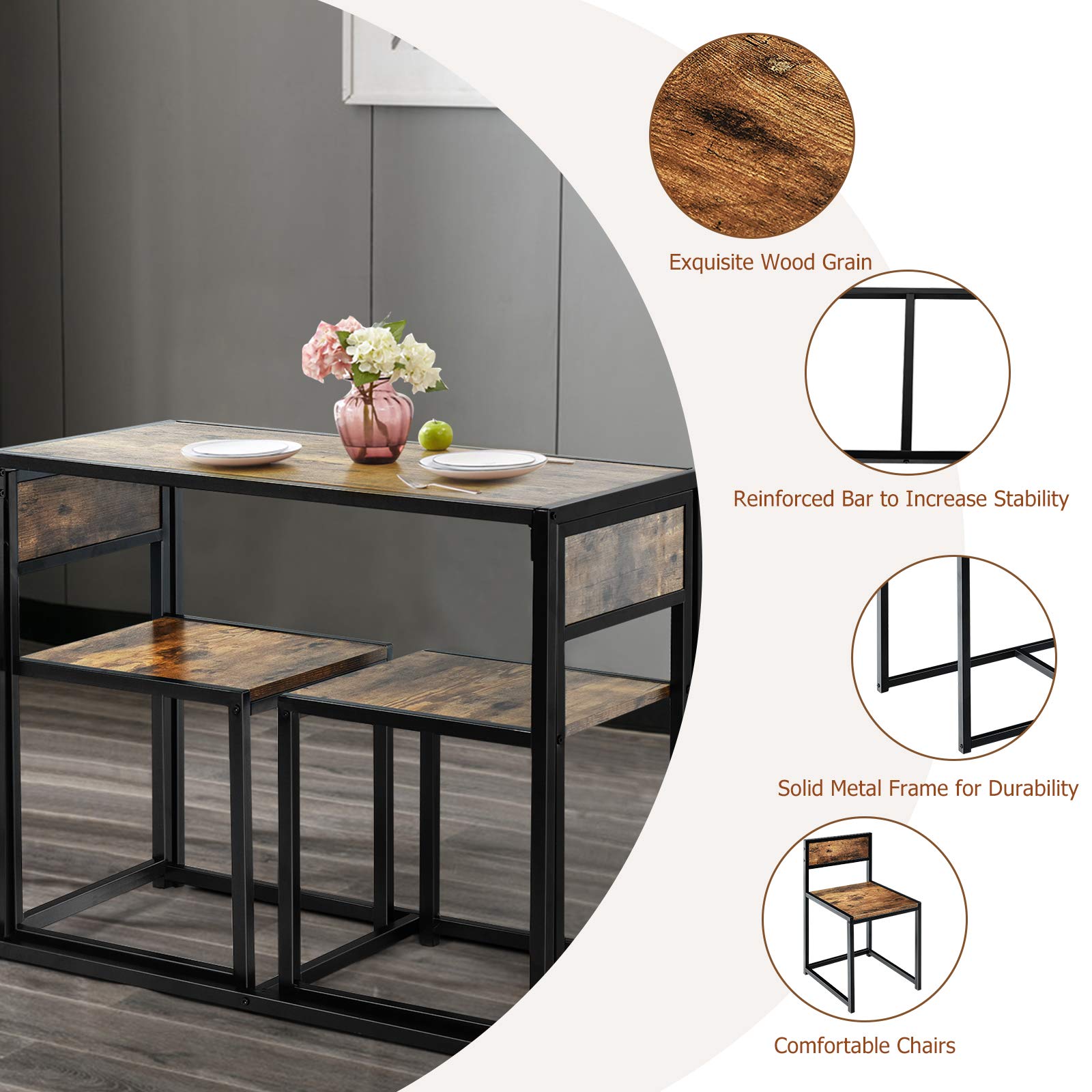 Giantex 3-Piece Industrial Dining Set - Small Kitchen Table with 2 Metal Chairs, Compact Bistro Pub Breakfast Table for Apartments & Small Spaces (Antique Finish) - Perfect for Studio Apartments, Tiny Homes & Cozy Breakfast Nooks