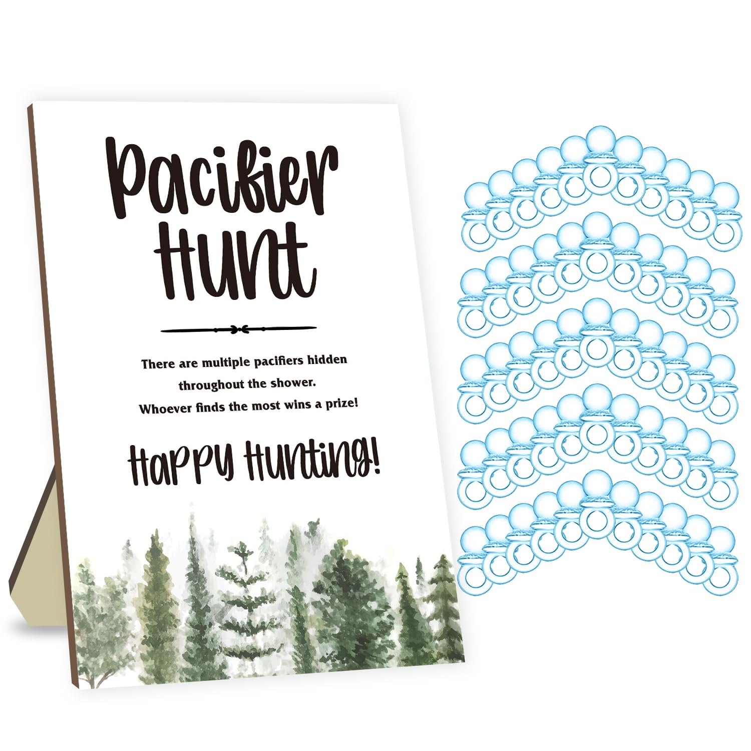 Baby Shower Party Games Set - Pacifier Hunt Game with Forest Theme Sign & 50 Blue Mini Pacifiers - Fun Baby Shower Decorations for Gender Reveal & Nursery Themed Celebrations