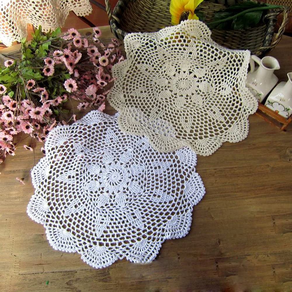Handmade Cotton Crochet Lace Round Table Runner - 23 Inch Beige Doily Tablecloth for Dining Room, Wedding, and Home Decor