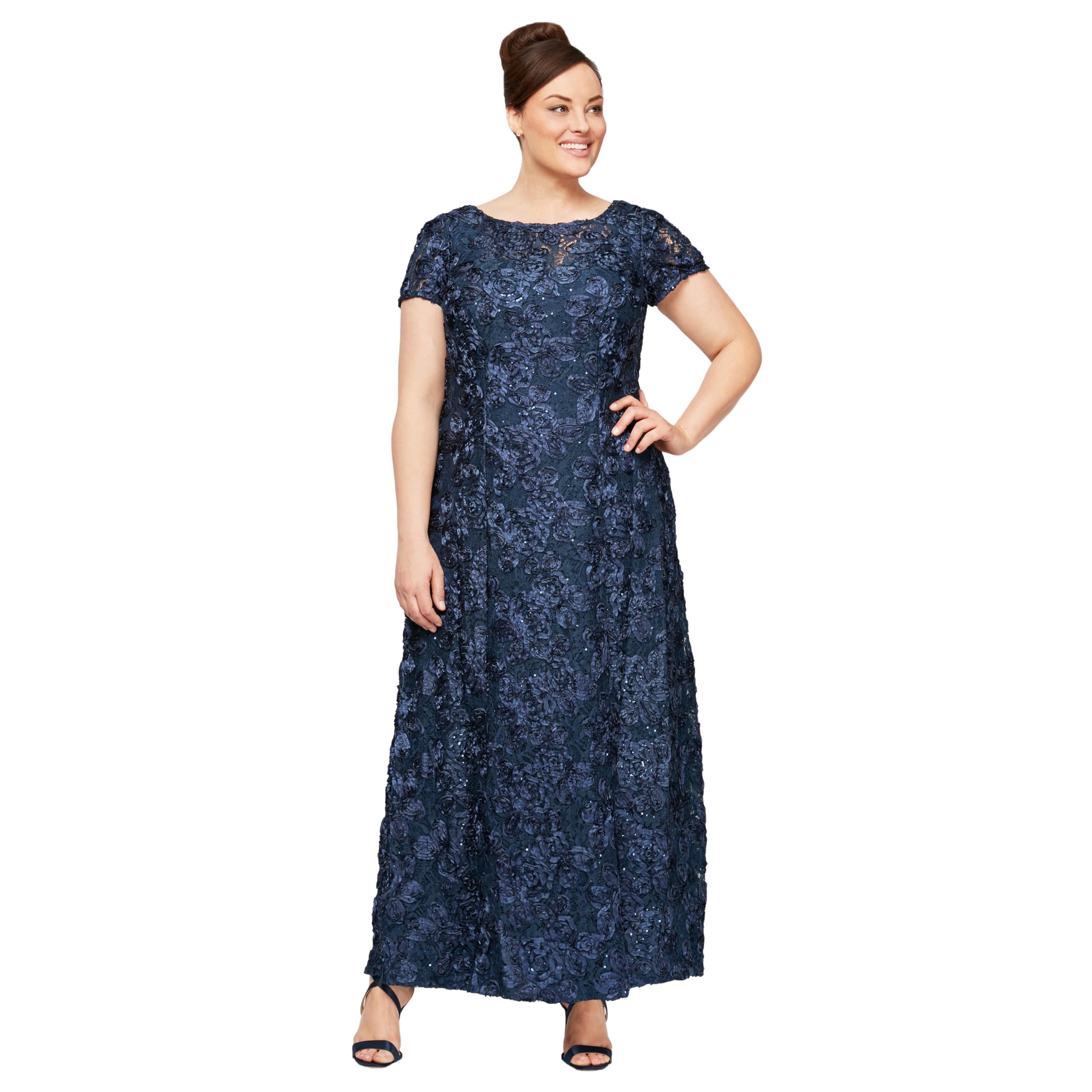 Alex Evenings Women's Plus Size Long Rosette Mother of The Bride Dress - Elegant Short Sleeve Formal Gown for Weddings, Parties & Special Occasions