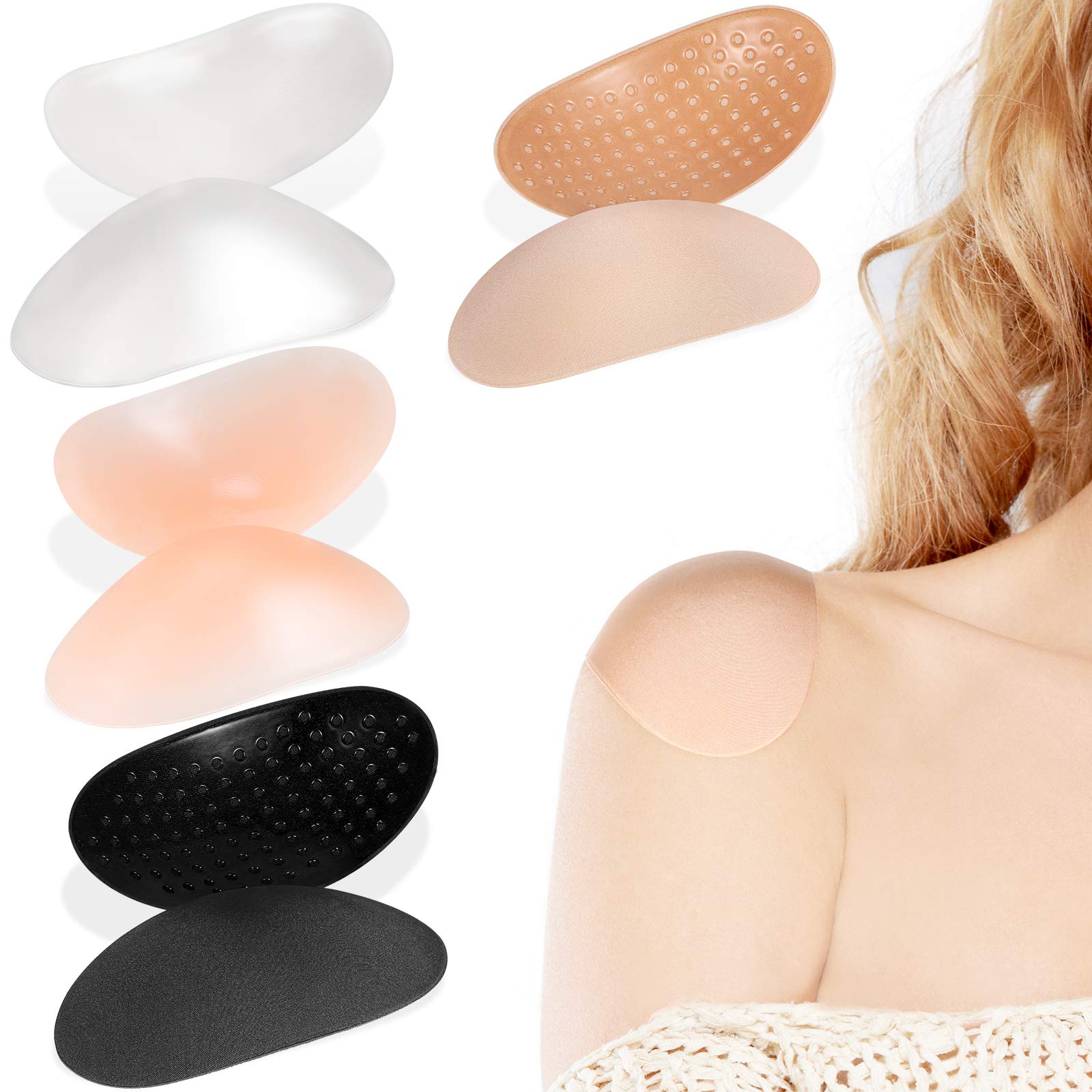 4 Pairs Soft Silicone Shoulder Push-up Pads - Anti-Slip Adhesive Bra Enhancers for Women (Black, Nude, Clear, Sheer Nude) | Perfect for Strapless Dresses, Backless Tops & Formal Wear