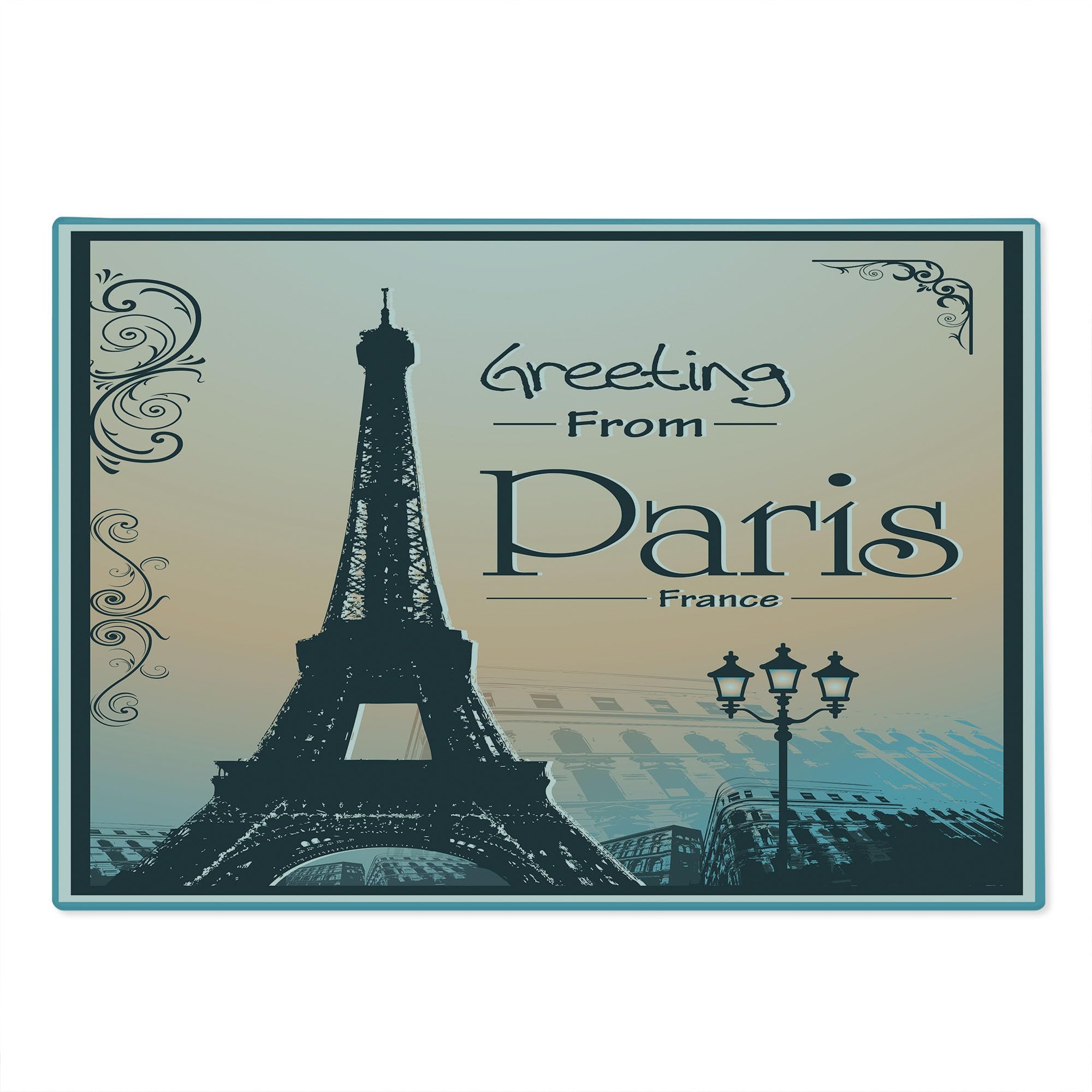 Ambesonne Eiffel Tower Tempered Glass Cutting Board - Large Paris France Themed Serving Tray with Romantic Design in Peach, Slate Blue, Sky Blue & White - Perfect for Kitchen Decor, Cheese Platters, and French-Themed Dinner Parties