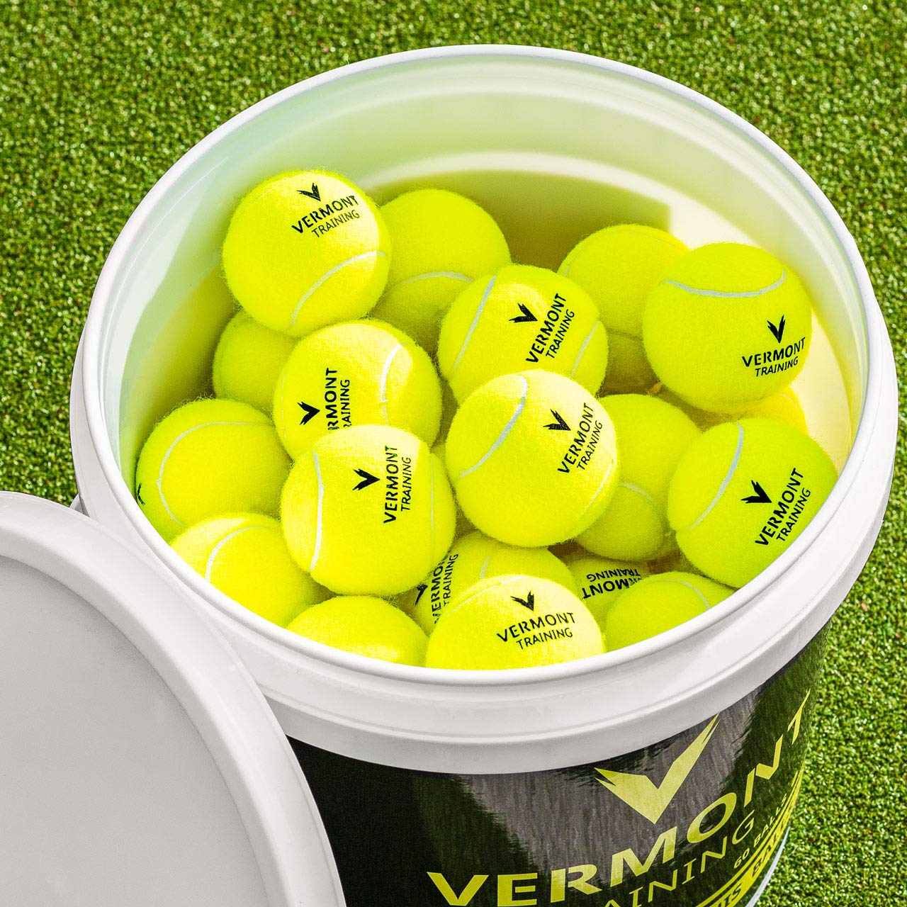 Vermont Pressureless Tennis Balls [60 Pack] - All Court Training Balls with Ball Bucket | Durable Tennis Practice Equipment for Beginners & Professionals | Perfect for Court Drills, Ball Machines & Coaching Sessions