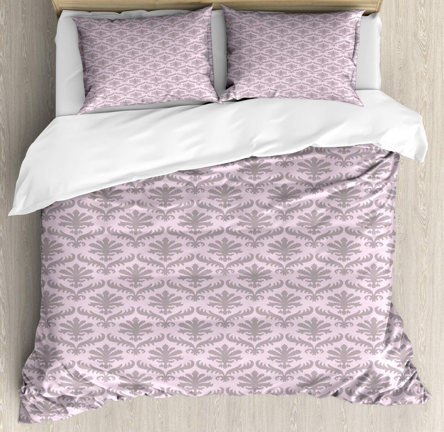 Ambesonne Victorian Duvet Cover Set - Vintage Floral Print 3-Piece Bedding with 2 Pillow Shams, King Size Grey Pink & Mauve | Elegant Bedroom Decor for Master Suite, Guest Room & Airbnb Staging