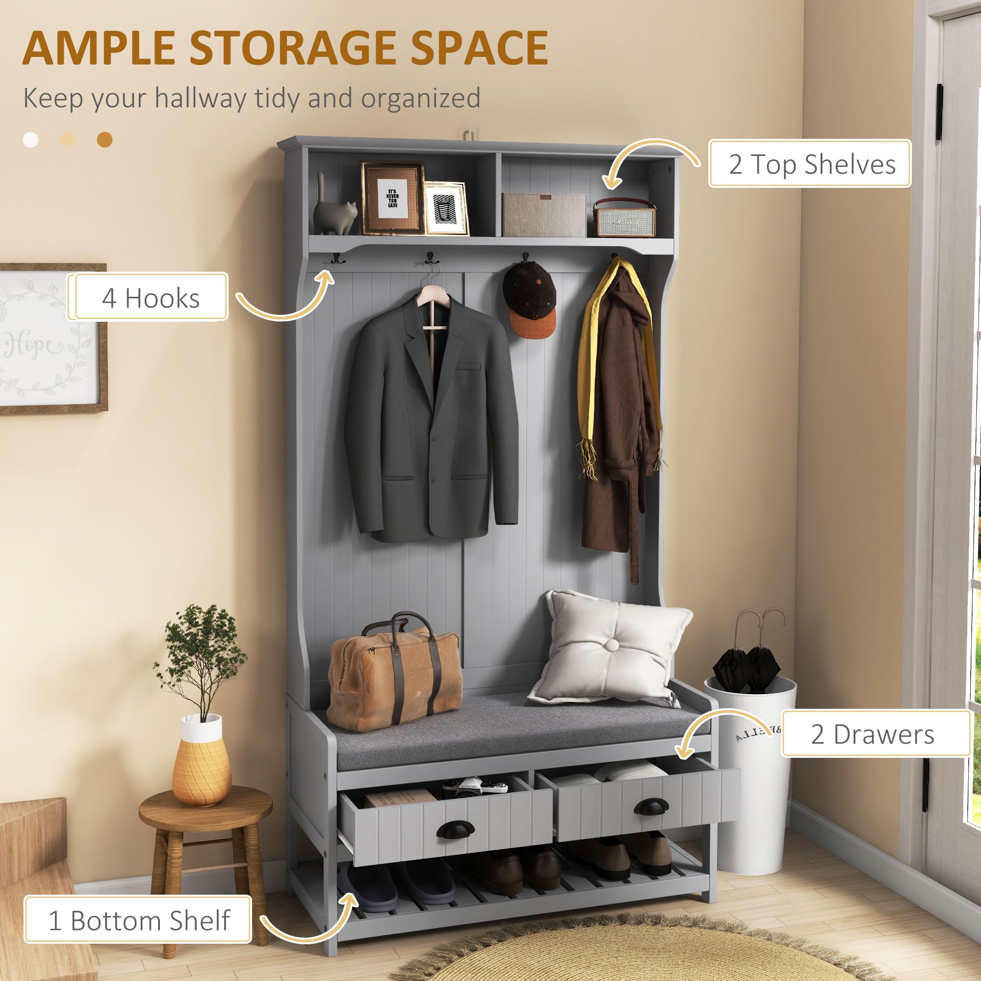 HOMCOM 3-in-1 Hall Tree Entryway Bench with Coat Rack & Shoe Storage | Mudroom Bench with 2 Drawers, 4 Hooks & Cushioned Seat | Perfect for Hallway, Entryway or Foyer Organization | Space-Saving Gray Furniture for Home & Apartment