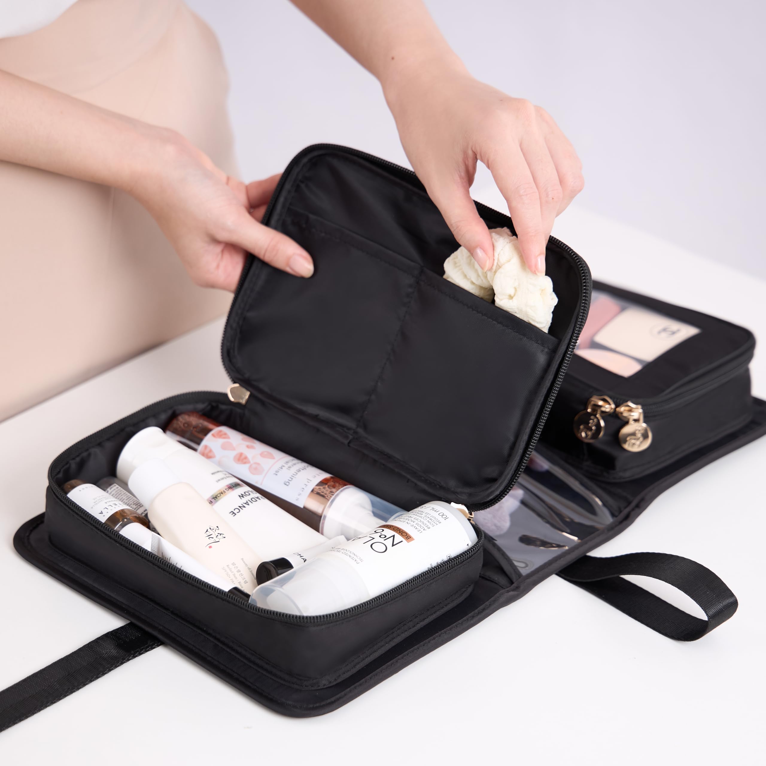 Compact Travel Makeup Bag for Women - Large Capacity Cosmetic Organizer for Brushes & Toiletries | Portable Makeup Case for Business Trips, Vacations & Weekend Getaways (Black) | Perfect for Airplane Carry-On & Gym Essentials