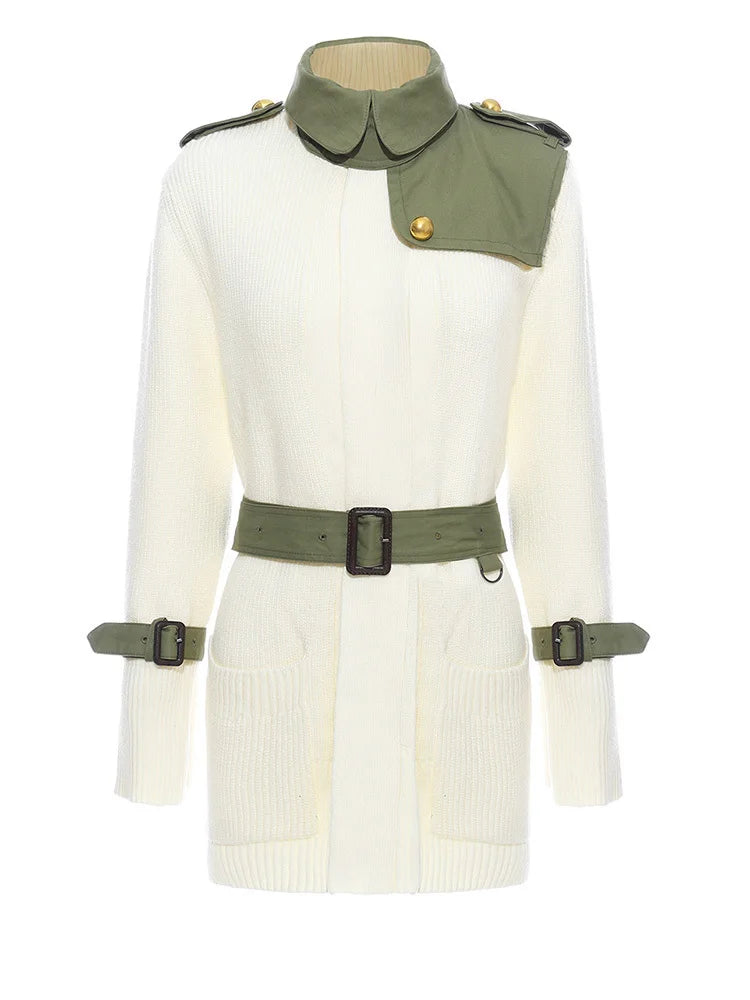 Beige Spliced Belted Knit Cardigan Sweater for Women - Stand Collar Long Sleeve Fashion Top (Spring/Autumn 2025) - Perfect for Office Wear, Casual Outfits & Fall Layering