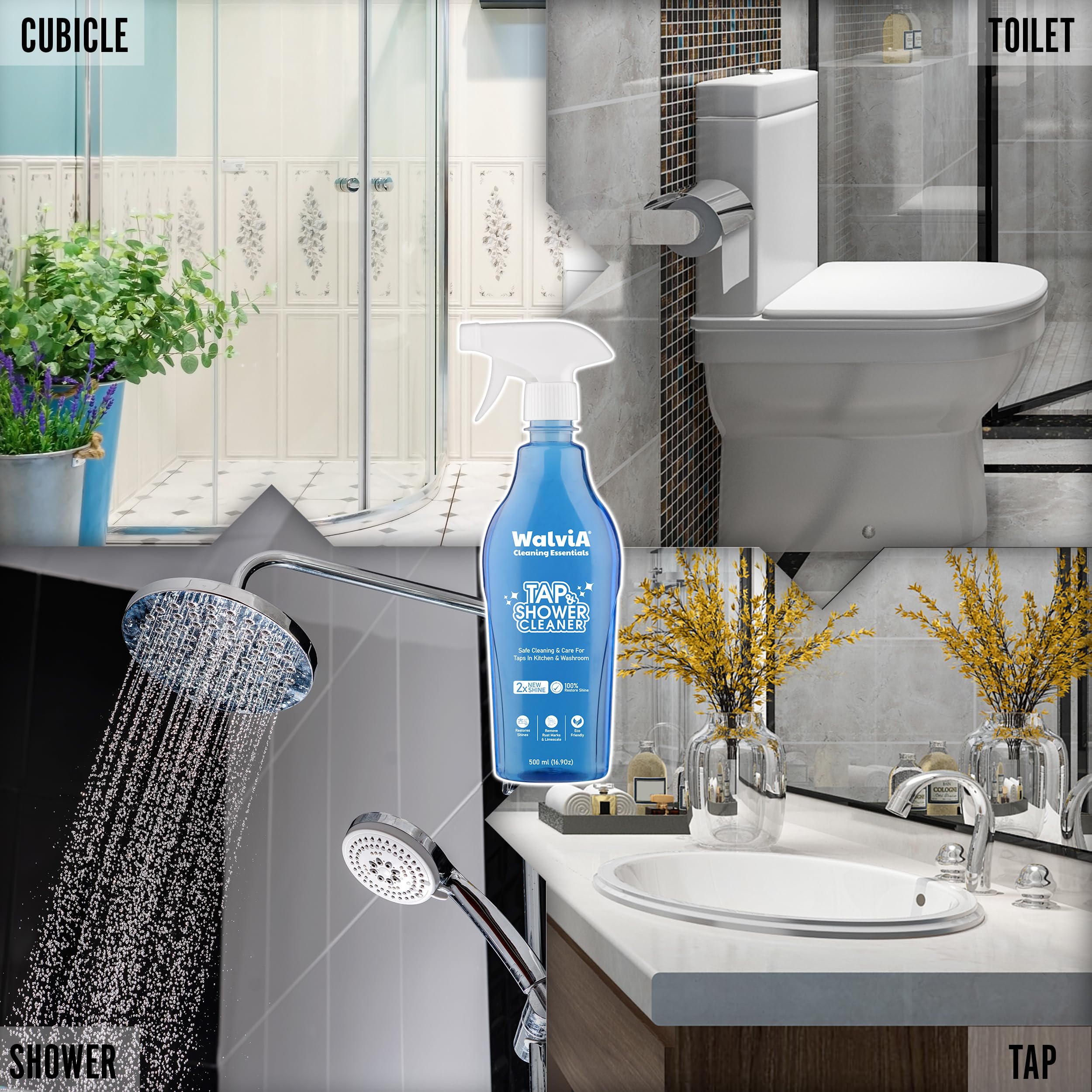 Walvia Natural Tap & Shower Cleaner - Powerful Limescale Remover for Hard Water Stains | Bathroom, Tile, Faucet & Metal Surface Cleaner | 500ml Eco-Friendly Solution | Perfect for Kitchen Sinks, Shower Doors & Chrome Fixtures