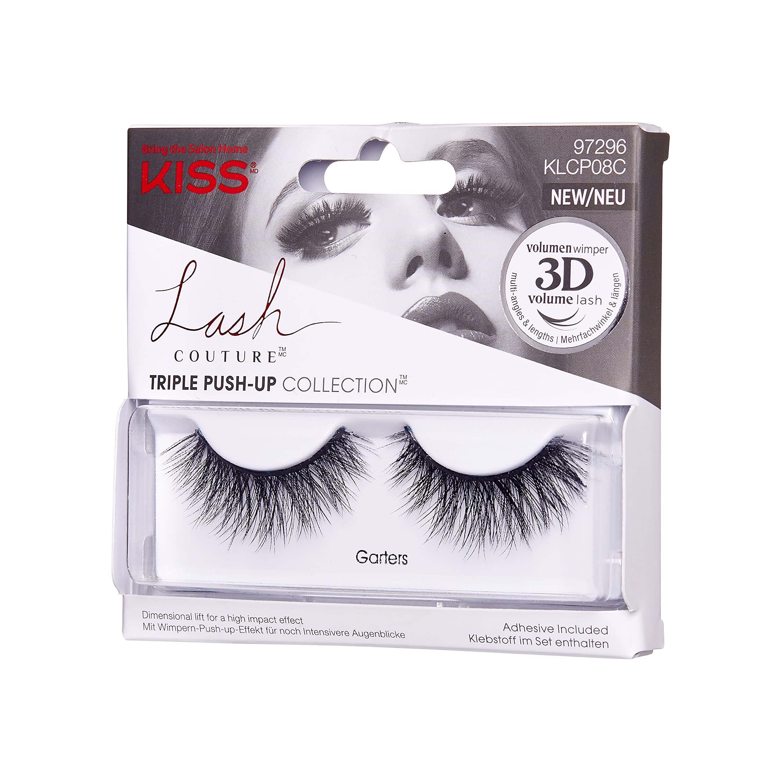 KISS Lash Couture Triple Push Up False Eyelashes - 3D Volume, Cruelty-Free & Reusable Lashes with Lash Glue & Garters - Perfect for Parties, Weddings & Special Occasions