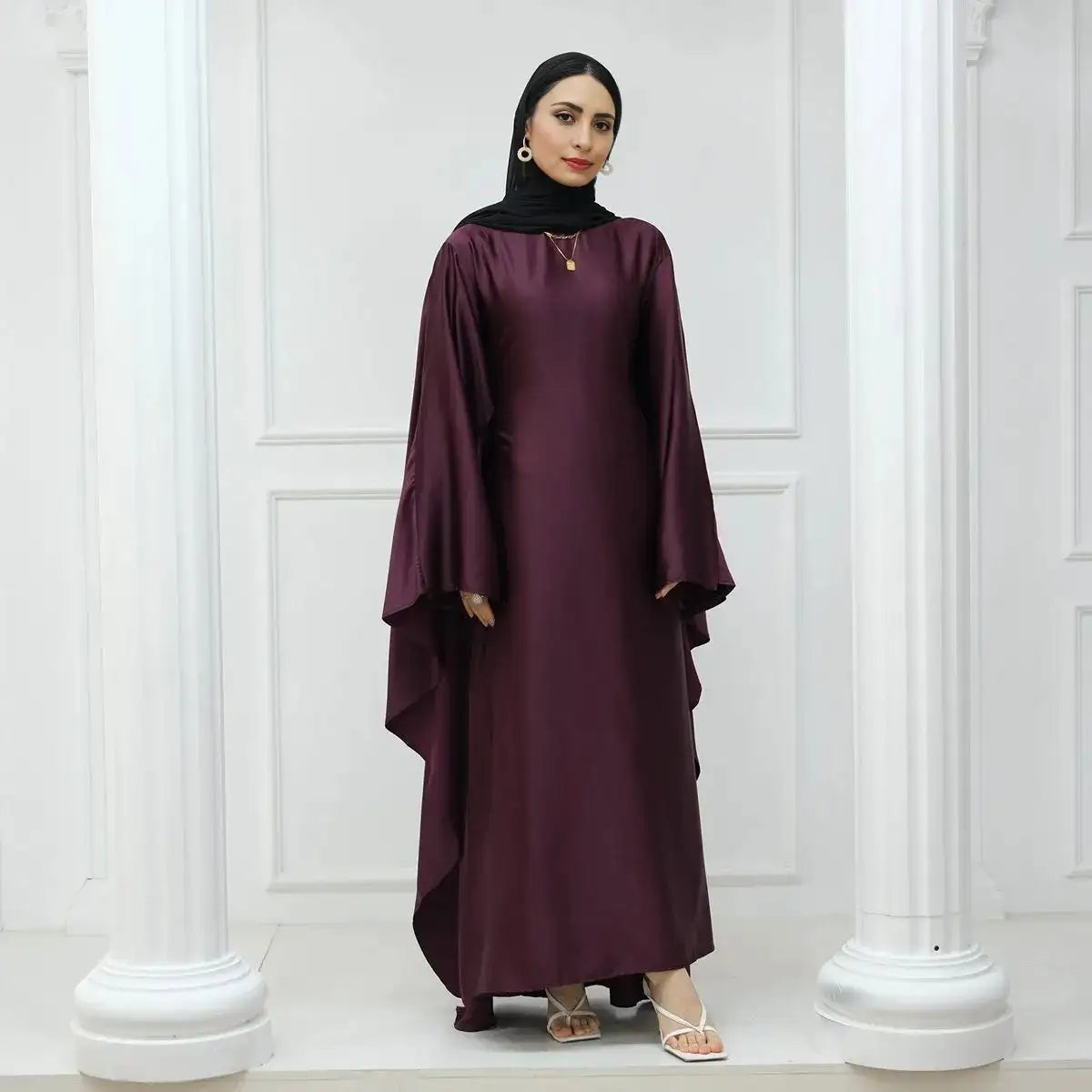 Elegant Butterfly Batwing Sleeve Satin Farasha Abaya Dress with Inner Belt - Modest Muslim Women's Prayer Dress for Special Occasions & Evening Events