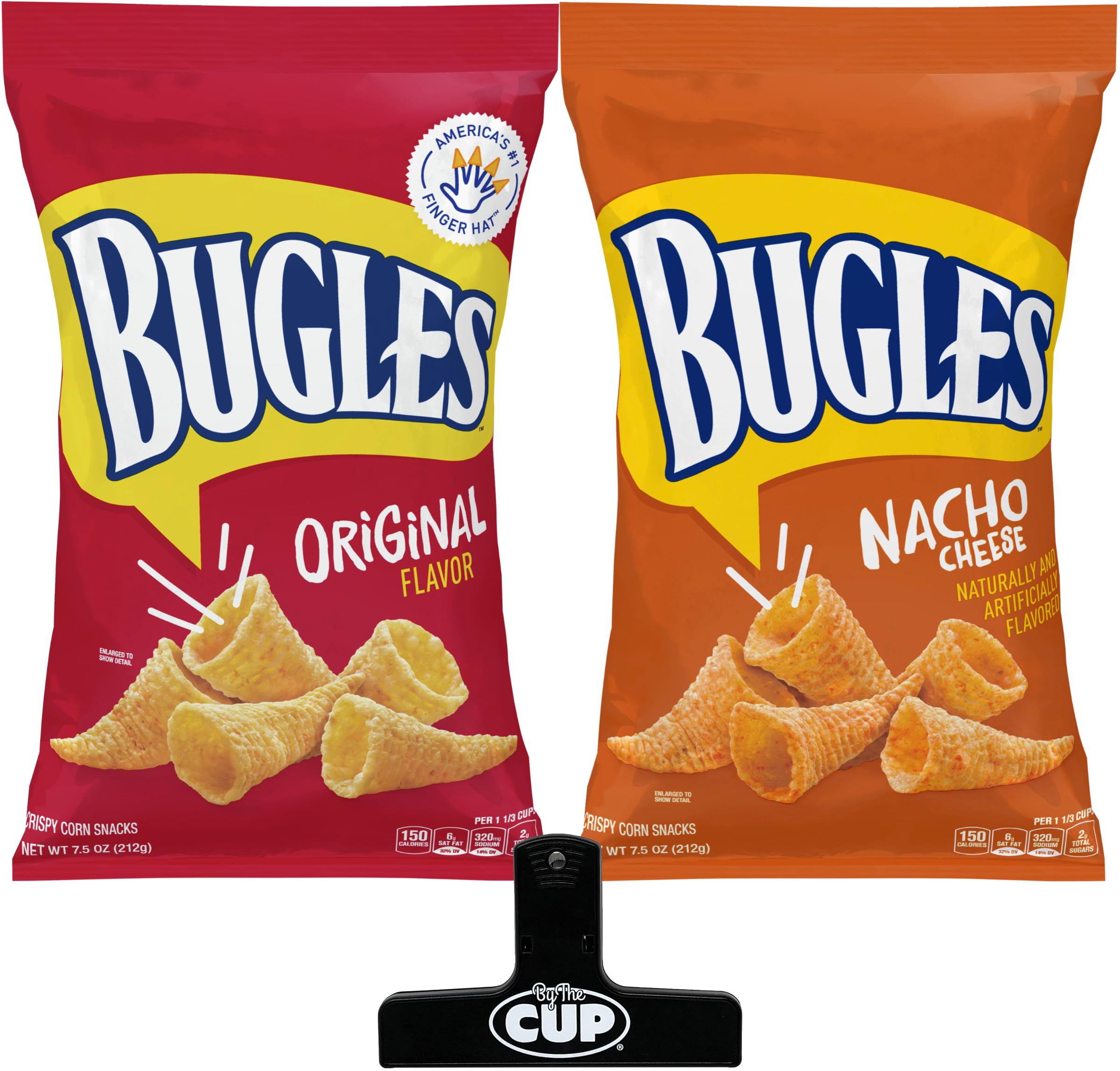 Bugles Original & Nacho Cheese Corn Snacks - 2 Flavor Variety Pack (7.5 oz Bags) with Free Bag Clip - Crunchy Party Snacks for Movie Nights, Road Trips & Office Breaks