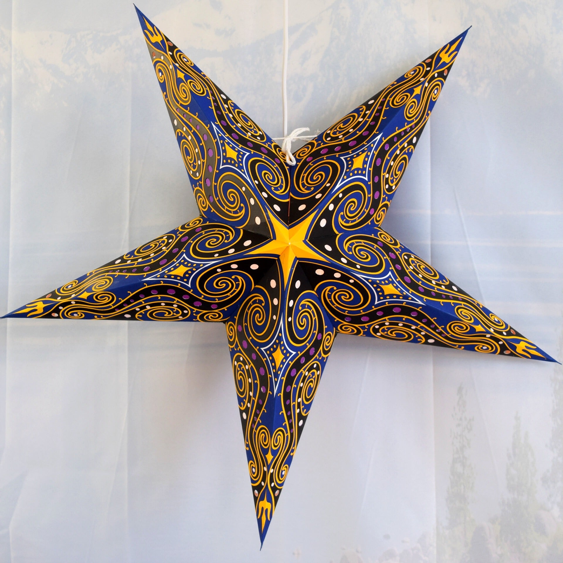 24 Inch Blue and Yellow Paper Star Lantern with Pendant Light - Astral Wind Hanging Decor Kit for Bedroom, Nursery, Party & Wedding Decorations