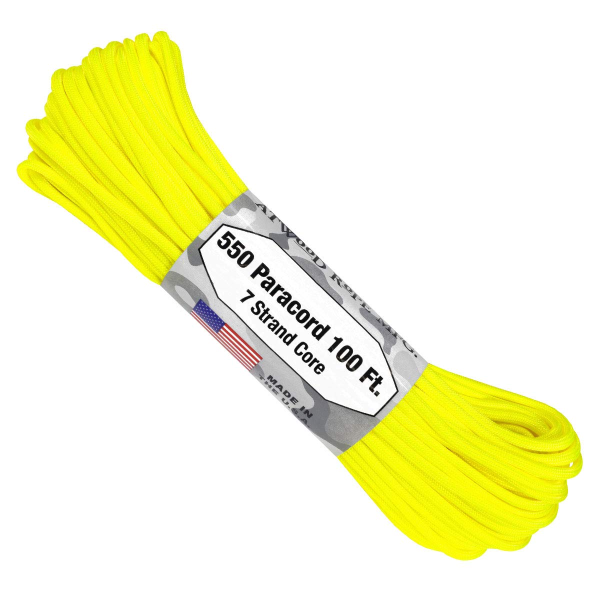 Atwood 550 Paracord 100ft - 7-Strand Nylon Survival Rope for Outdoor, Camping & DIY Crafts (Neon Yellow)