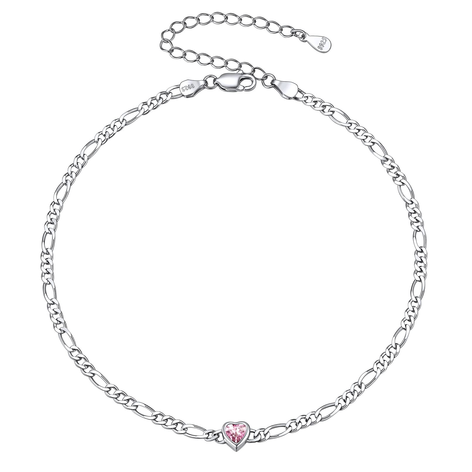 ChicSilver 925 Sterling Silver Heart Birthstone Figaro Chain Anklet for Women - Dainty Summer Beach Ankle Bracelet with Gift Box | Perfect for Vacation, Wedding, Birthday Gifts & Everyday Wear