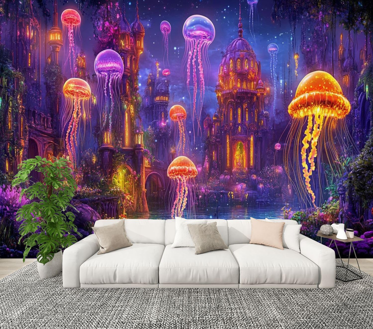 Modern Peel and Stick Wallpaper Mural - Jellyfish Fantasy Glow Lights Self-Adhesive Removable Wall Stickers for Kids Room, Living Room & Bedroom (100''x144'') - Perfect for Birthday & Christmas Gifts, TV Background & Home Decor