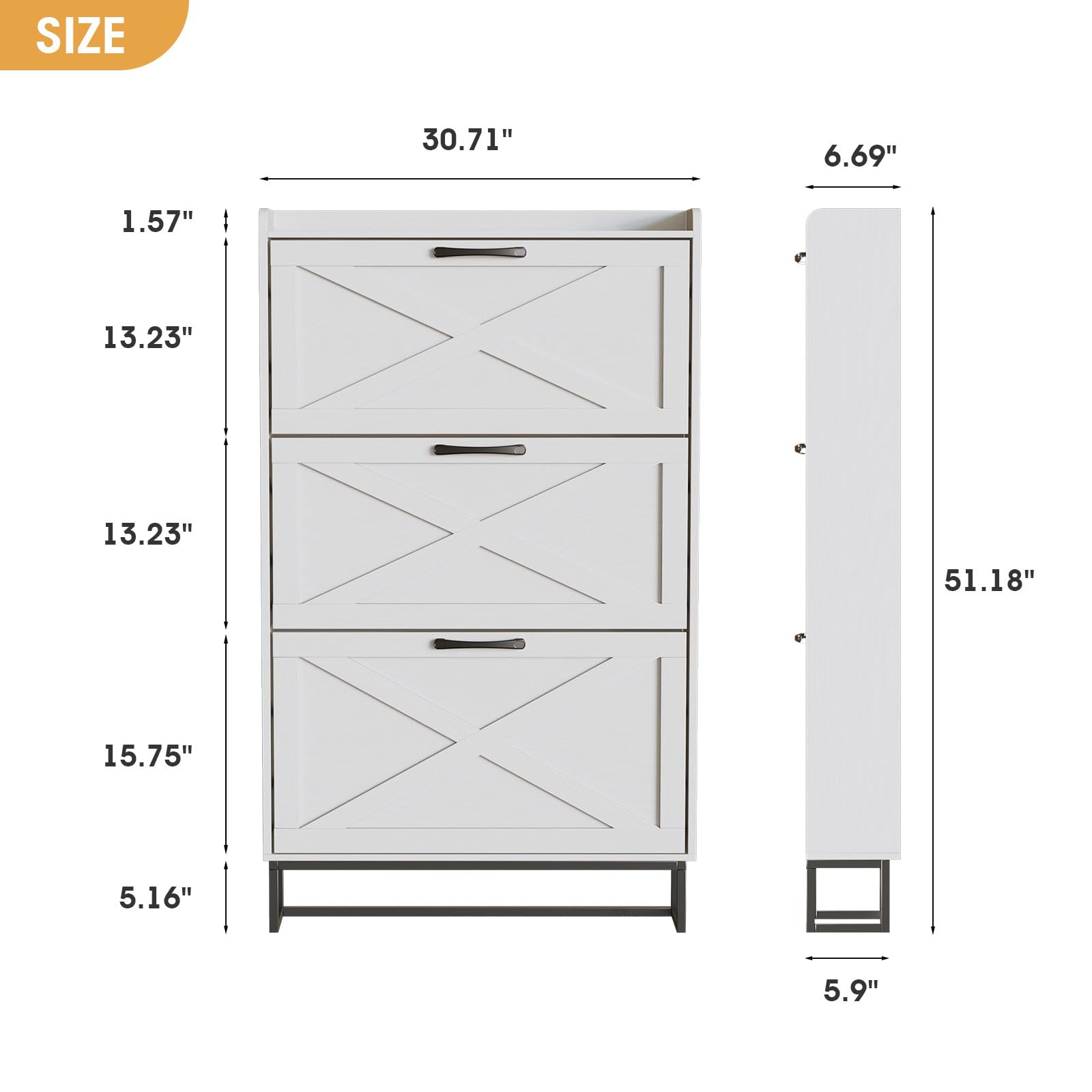 Maupvit Narrow Shoe Cabinet with 3 Flip Drawers - Slim Entryway Shoe Storage Organizer with Metal Legs, Farmhouse Style Free Standing Shoe Rack for Hallway, Living Room & Bedroom Organization