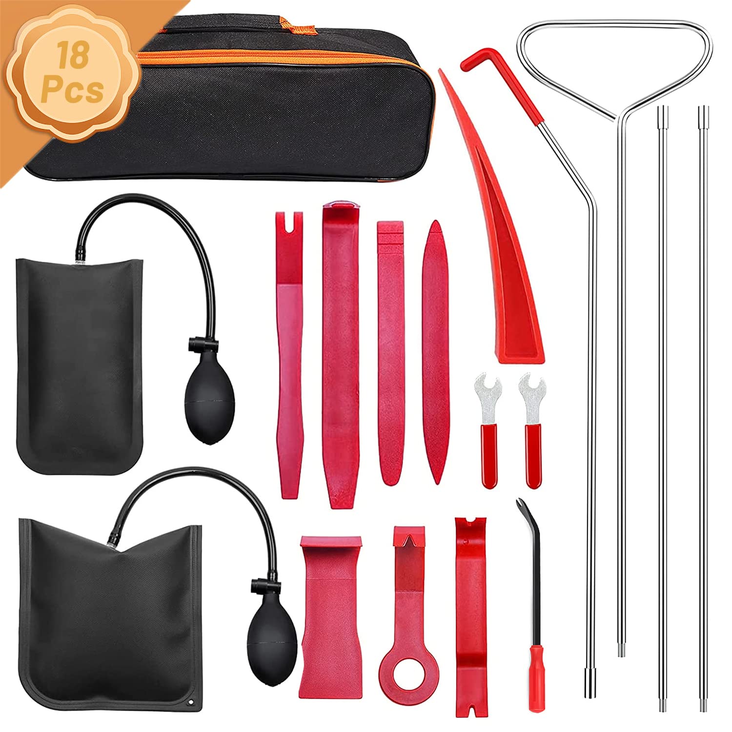 YJSJ 18-Piece Professional Car Tool Kit - Stainless Steel Long Reach Tools, Air Wedge Bag Pump & Non-Marring Wedge for Automotive Repair & Emergency Use - Perfect for DIY Mechanics, Roadside Assistance & Vehicle Maintenance