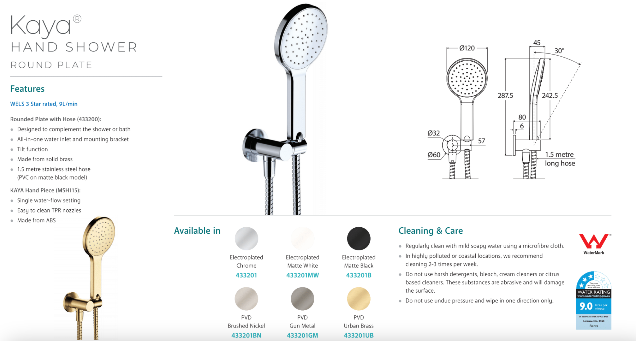 Fienza 433201MW Kaya Hand Shower with 6 Spray Modes, Matte White Finish - Perfect for Bathroom, Spa & Relaxation at Home