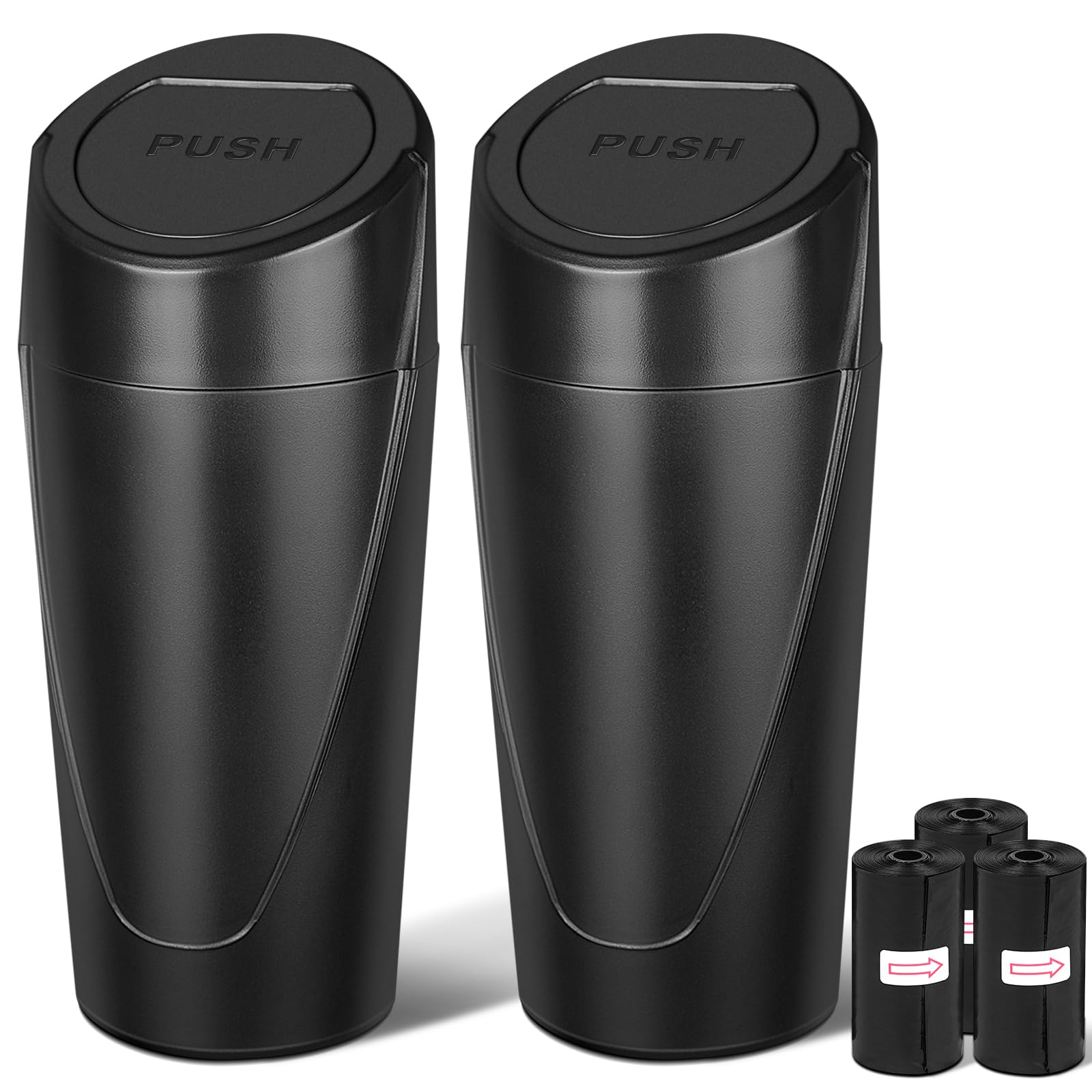 2 Pack Leakproof Car Trash Can with Lid & 60 Trash Bags - Mini Cup Holder Garbage Bin for Vehicle Front/Back Seat - Car Organizer for Home, Office & Travel - Perfect for Road Trips, Commuting & Daily Use