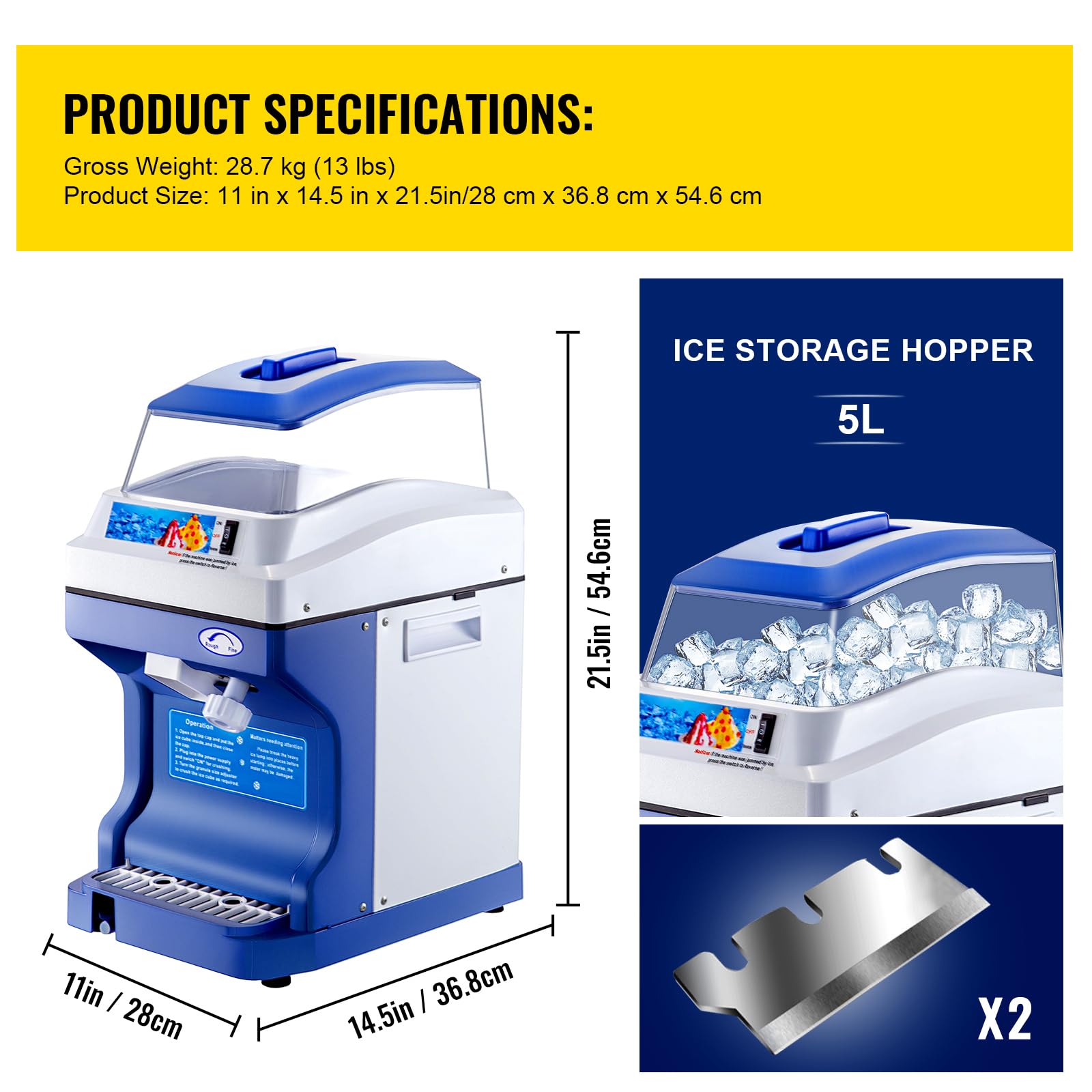 Happybuy 110V Commercial Ice Shaver Crusher - 441LBS/H Heavy Duty Electric Snow Cone Maker with 11LBS Hopper, 300W for Parties, Events, Snack Bars, Restaurants & Home Use - Perfect for Summer Treats, Cocktails & Desserts