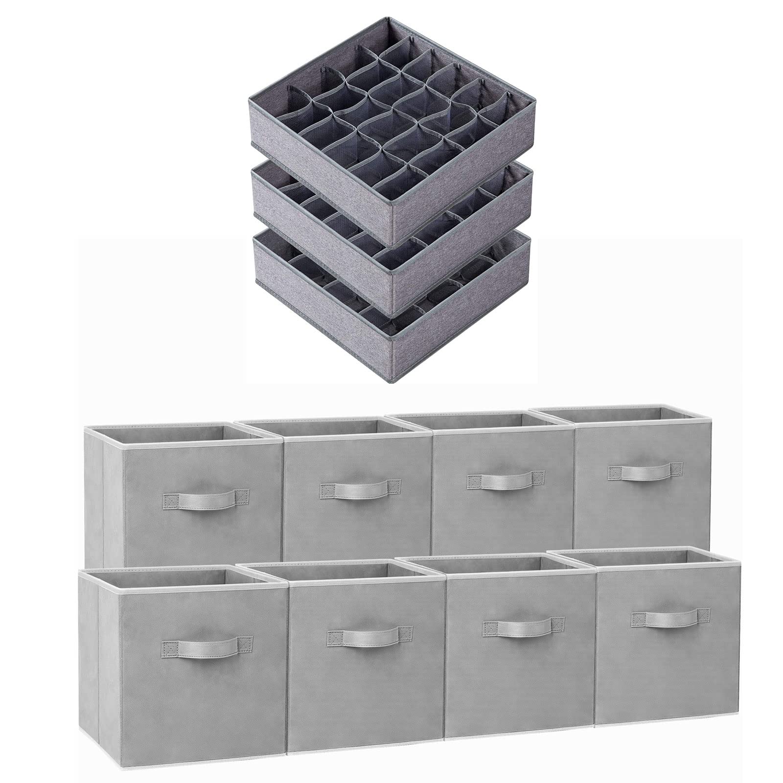 8-Pack 11-Inch Fabric Storage Cubes & 3-Pack Sock Underwear Drawer Organizers - Closet Organization Solutions for Bedroom, Nursery, and Office Storage Needs