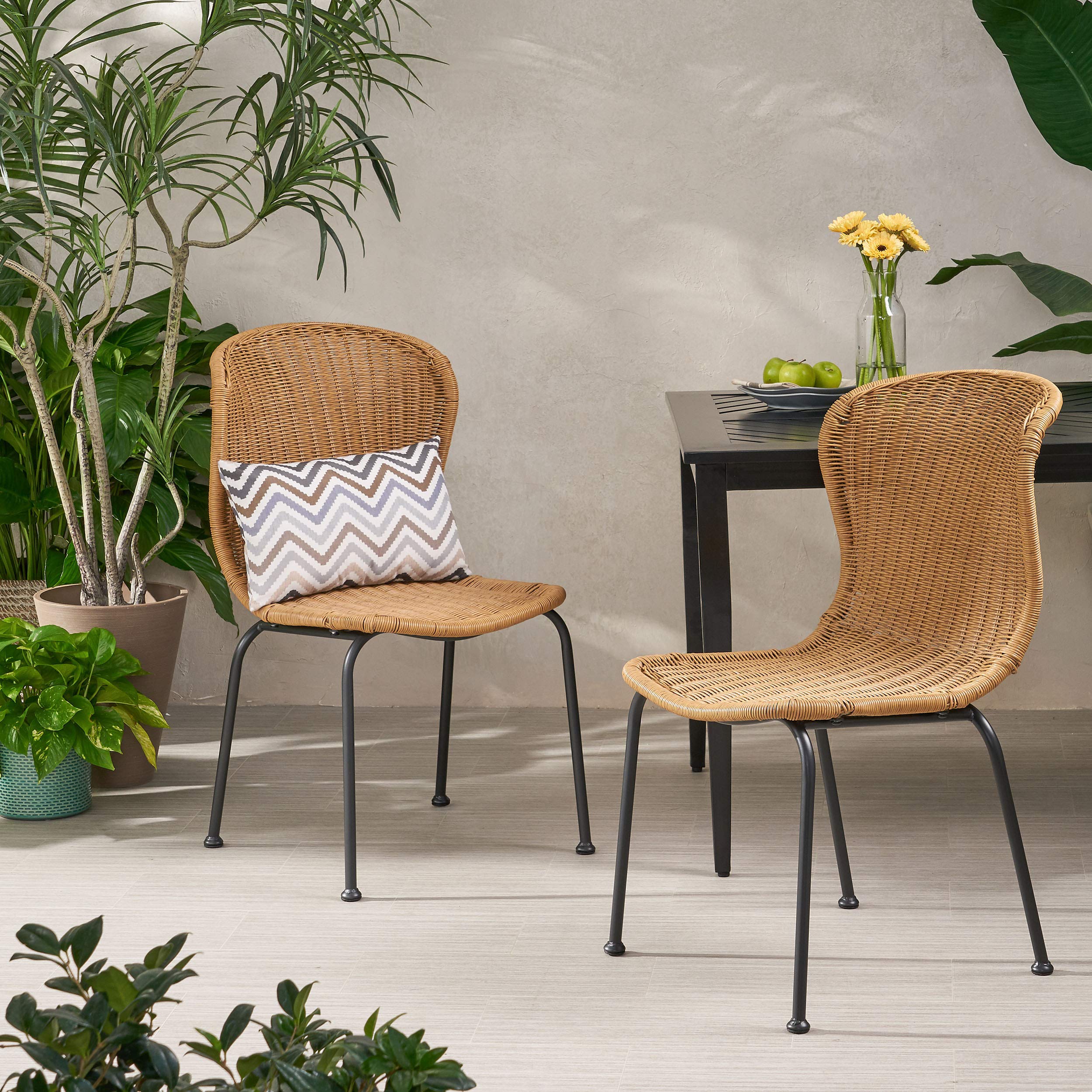 Christopher Knight Home Dinah Outdoor Wicker Dining Chairs (Set of 2) - Light Brown & Black - Weather-Resistant Patio Furniture for Garden, Poolside, and Backyard Dining