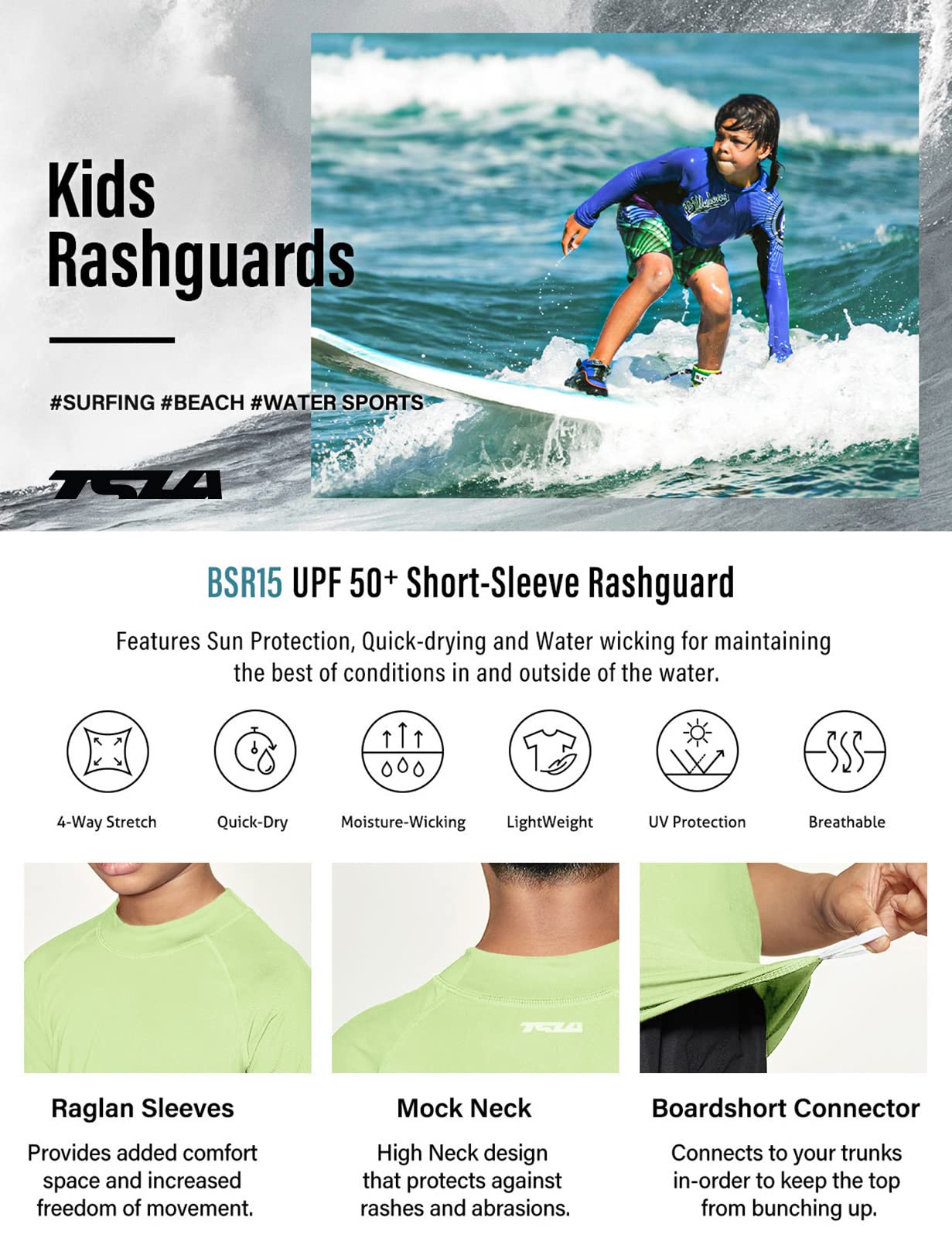 TSLA UPF 50+ Kids Rash Guard Short Sleeve UV Protection Swim Shirt - Boys & Girls Sun Protective Swimwear for Beach, Pool, Surfing & Water Sports