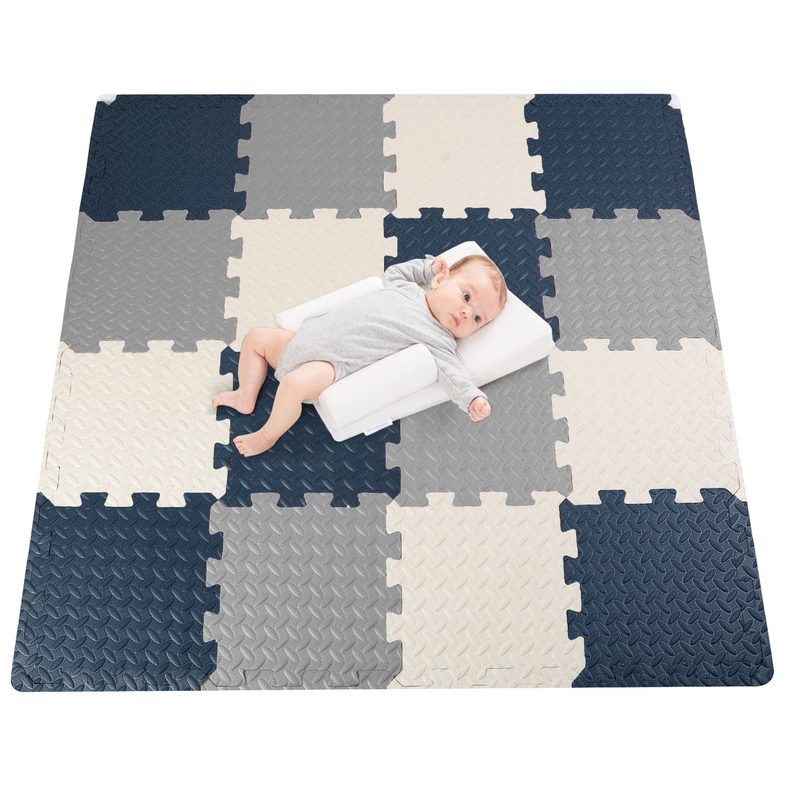 15-Piece Foam Play Mats for Baby Crawling & Kids Playtime - Navy Blue/Grey/White